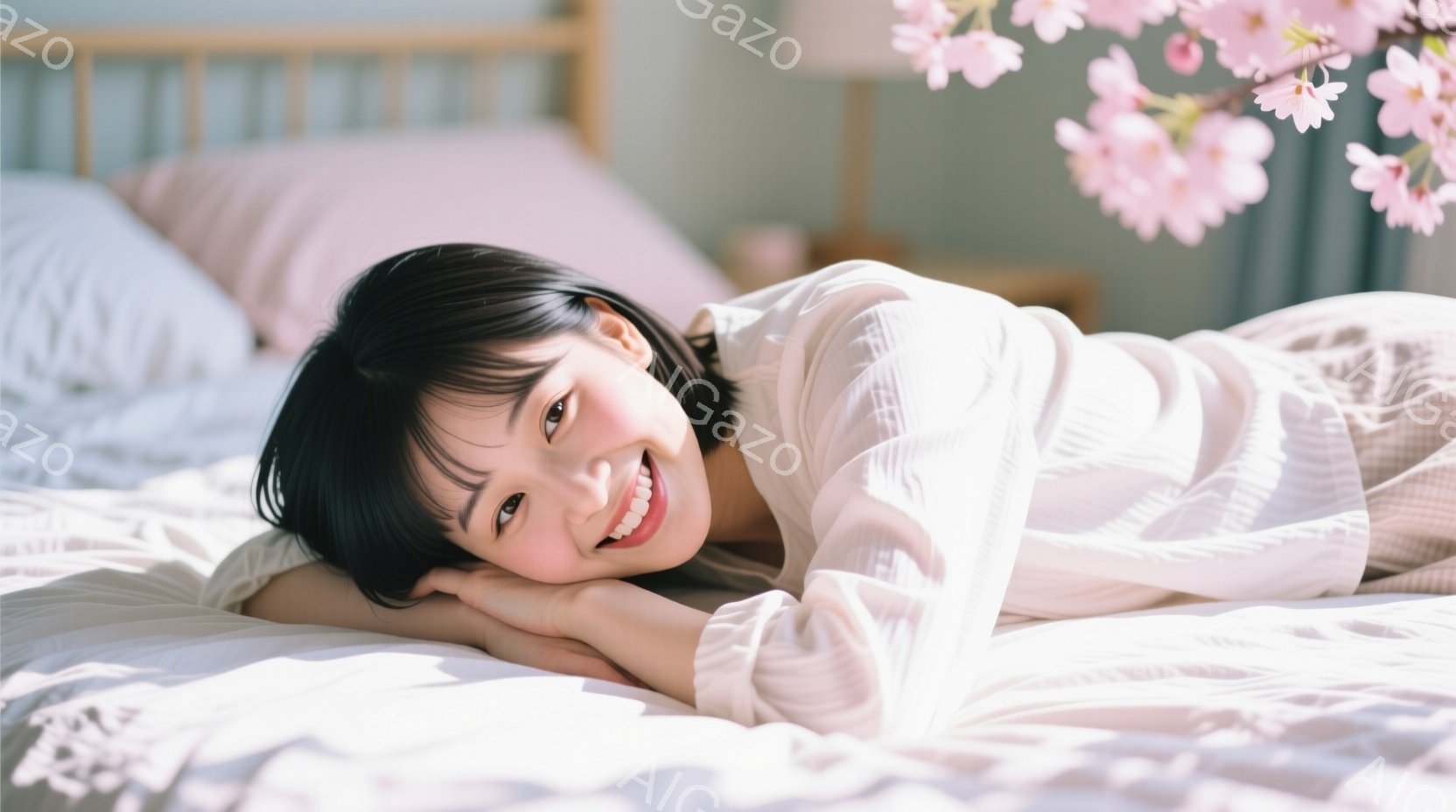 黒髪の女性がベッドに横たわり、微笑んでいます。彼女は薄いピンク色のゆったりとしたシャツを着ており、片方の腕を顔の下に添えています。背景には、淡いピンク色の桜の花が咲き乱れ、柔らかな光が差し込む春の暖かい雰囲気が漂っています。
