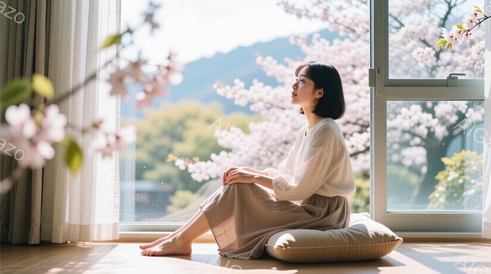 彼女は白いブラウスと薄い茶色のスカートを着て、座布団の上で足を組んで座っています。窓の外には桜の木々が咲き誇り、柔らかい光が室内を照らしています。穏やかな表情で遠くを見つめており、静かで平和な雰囲気が漂っています。