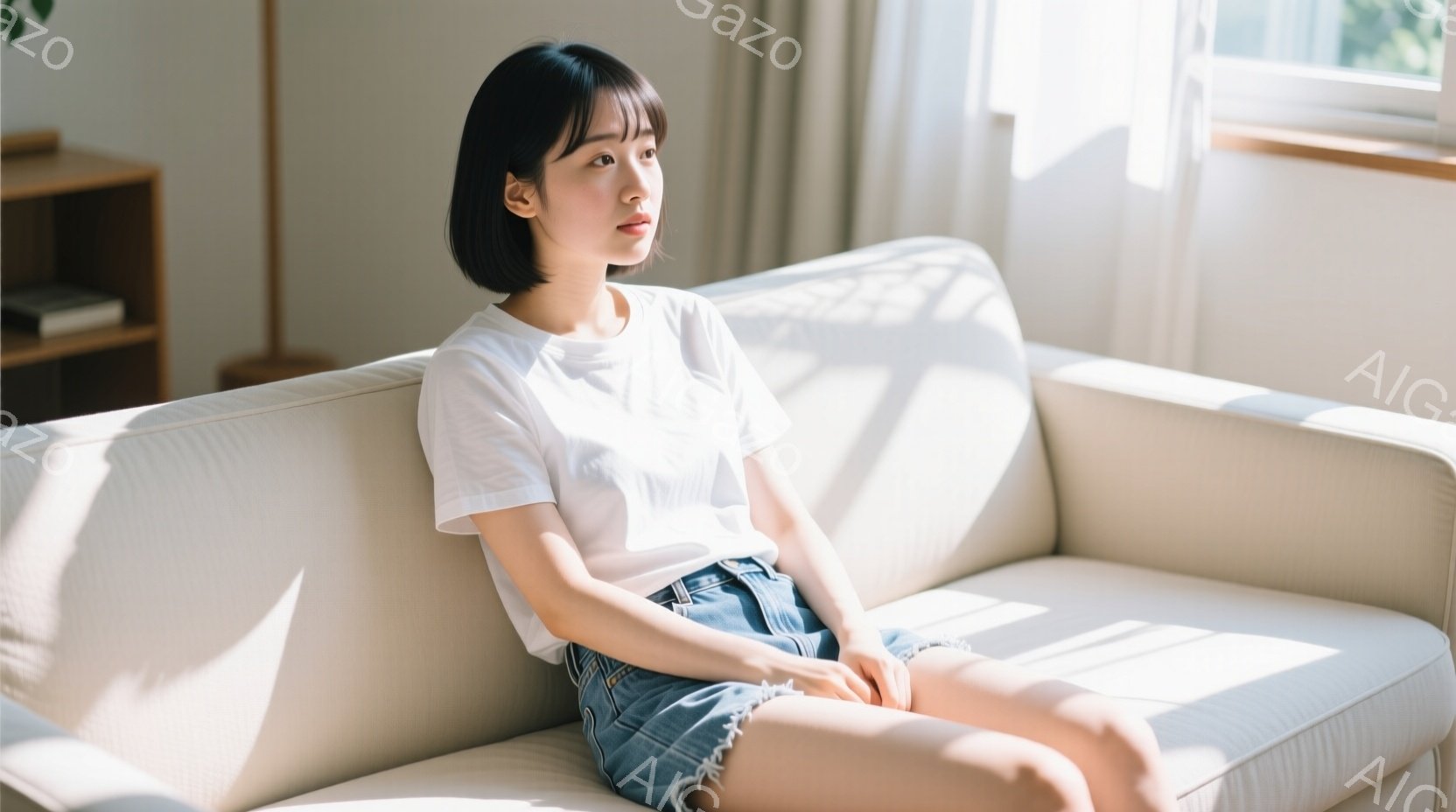 白いTシャツとデニムのショートパンツを着用した若い女性が、明るいベージュ色のソファに座っています。彼女は短い黒髪で、少し考え込んでいるような表情をしています。背景には木製の棚と窓から差し込む穏やかな光があり、全体的にリラックスした雰囲気です。