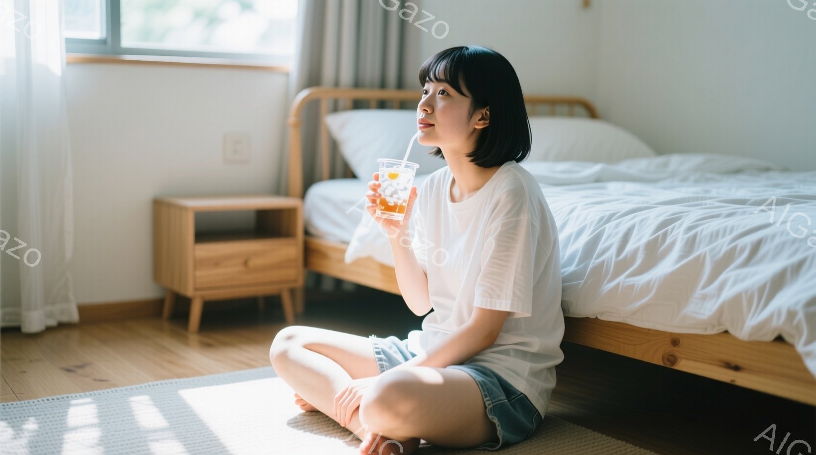 短い黒髪の女性が床に座り、グラスに入った飲み物をストローで飲んでいます。白いTシャツと水色のショートパンツを着ており、リラックスした表情で、わずかに上を見上げています。背景には木製のベッドとナイトテーブルがあり、光が差し込む室内は、穏やかで静かな雰囲気を醸し出しています。