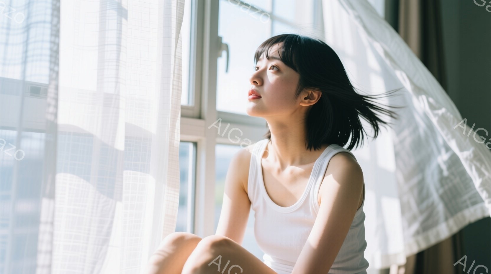 短い黒髪の女性が、白いタンクトップを着て、膝を抱えて座っています。彼女は窓辺に座っており、外の明るい光が差し込み、髪の一部が風に吹かれている様子がわかります。背景には高層ビル群がぼやけ、晴れた日の穏や - AI生成フリー素材