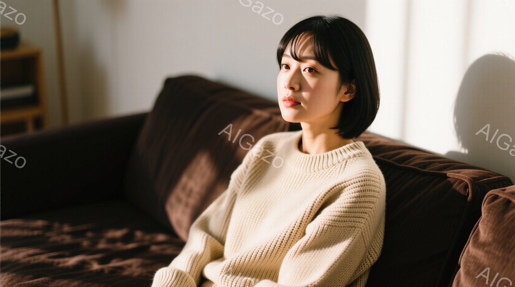 短い黒髪の女性が、ベージュ色のニットセーターを着て、茶色のソファに座っています。彼女は少し横を向き、遠くを見つめており、穏やかで物憂げな表情をしています。背景にはぼんやりと家具が見え、柔らかい光が差し込み、全体的に落ち着いた雰囲気です。