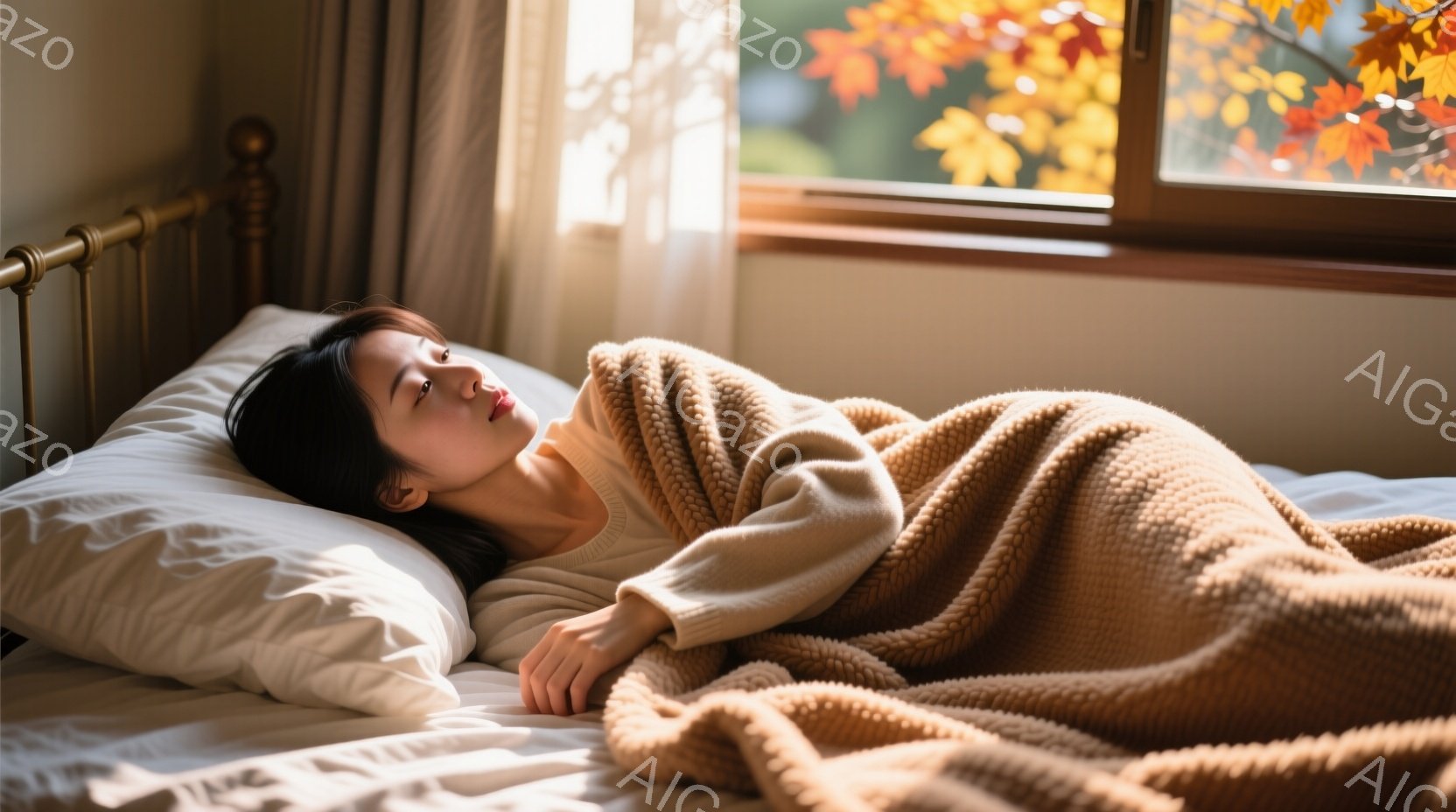 ベッドに横たわる女性は、クリーム色のセーターを着て、目を閉じてリラックスした表情をしています。彼女は毛羽立ちのあるキャメル色のブランケットに包まれ、柔らかい光が彼女を包み込んでいます。背景には、鮮やか - AI生成フリー素材