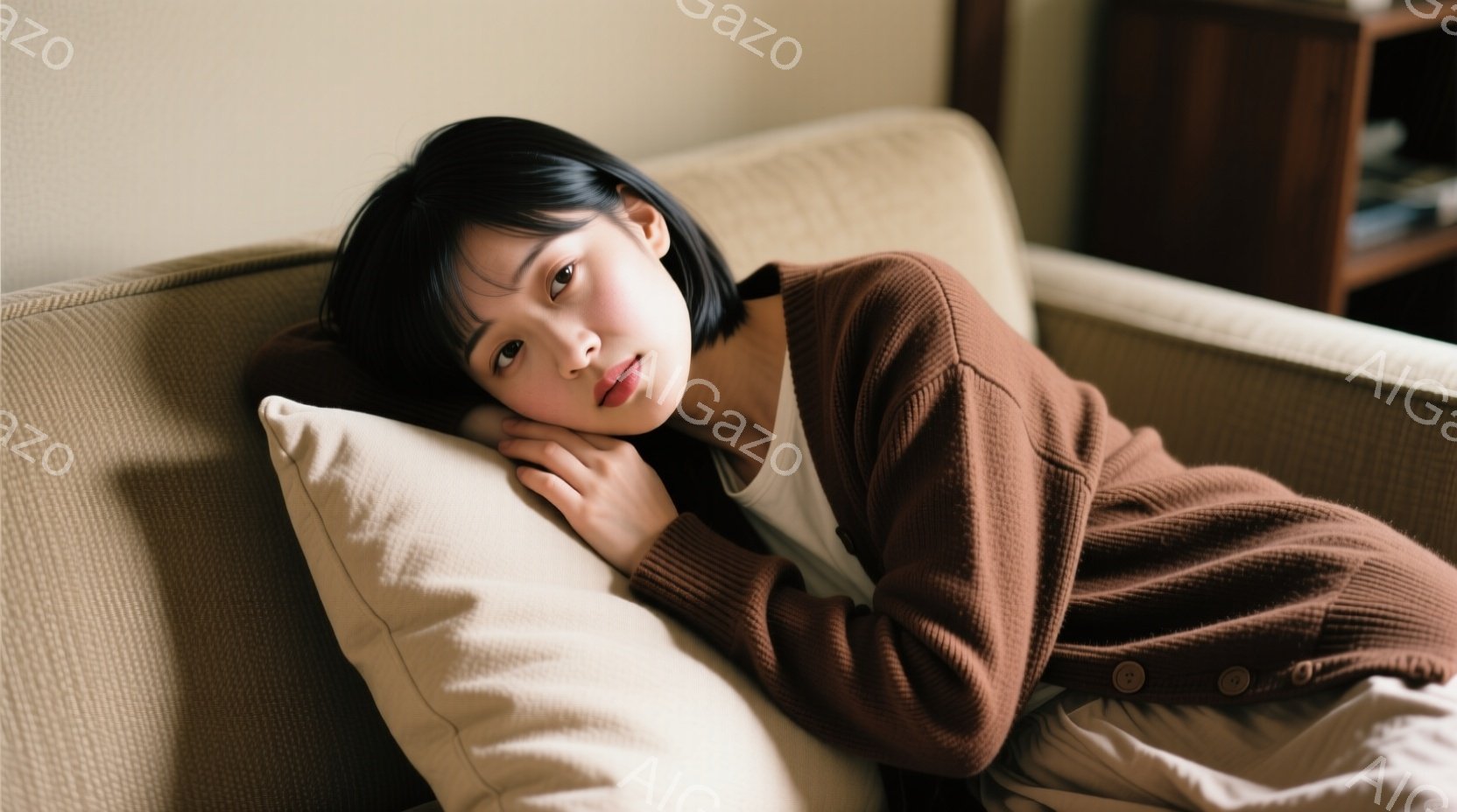 茶色のカーディガンと白いインナーを着た若い女性が、ベージュ色の枕に頬をあてて横たわっています。彼女は短めの黒髪で、穏やかで少し物憂げな表情をしています。背景には木製の棚が見え、全体的に温かく、リラックスした雰囲気です。