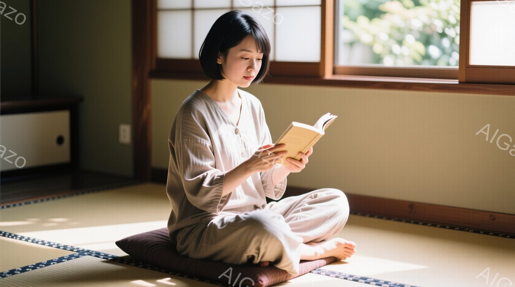 浅いベージュ色の服を着た女性が畳の上に座って本を読んでいる。彼女は足を組み、ゆったりとした姿勢で本に集中しており、穏やかな表情をしている。背景には木製の家具と窓があり、柔らかな自然光が差し込み、静かで - AI生成フリー素材