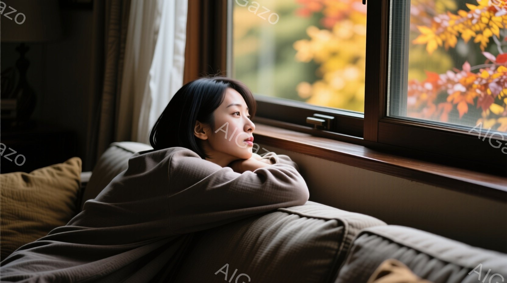 長い黒髪の女性が、ベージュ色のソファに寄りかかり、窓の外を物憂げに見つめている。彼女は淡いピンク色のゆったりとしたシャツを着ており、リラックスした雰囲気が漂う。窓の外には、鮮やかな紅葉が広がり、秋の穏やかな景色が背景に広がっている。