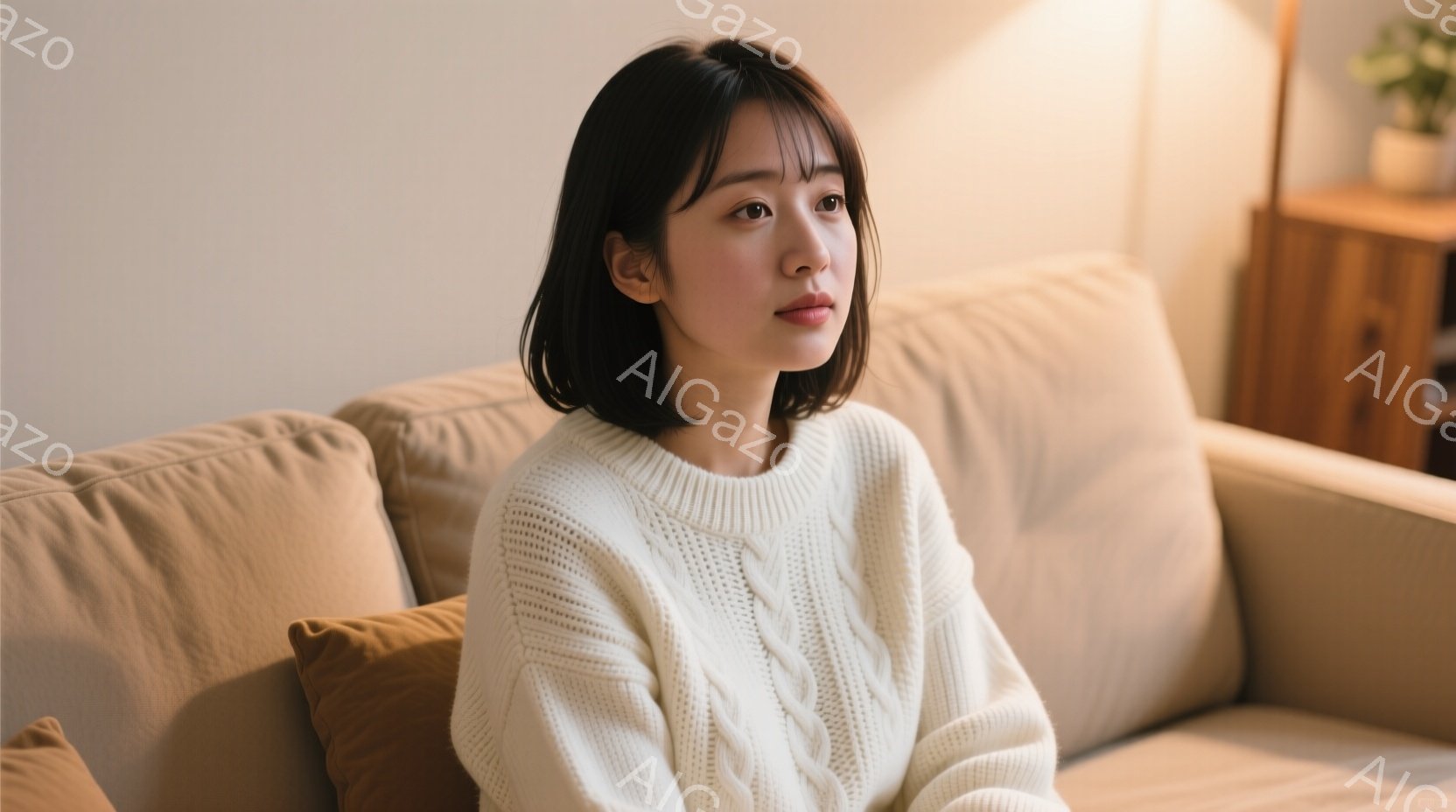 明るい茶髪のショートヘアの女性が、オフホワイトのケーブルニットセーターを着てソファに座っています。彼女は少し横を向き、何かを考えているような穏やかな表情をしています。背景には木製のキャビネットが見え、 - AI生成フリー素材