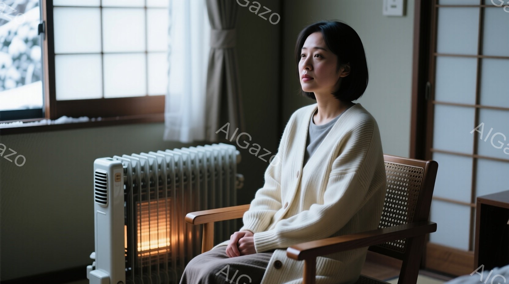 室内で女性が椅子に座っており、オフホワイトのざっくりとしたニットカーディガンを羽織り、グレーのパンツを履いています。彼女は黒髪で、少し物憂げな表情をして遠くを見つめています。背景には、和室の障子と、暖房器具、そして窓の外には雪景色が見え、全体的に静かで落ち着いた雰囲気です。