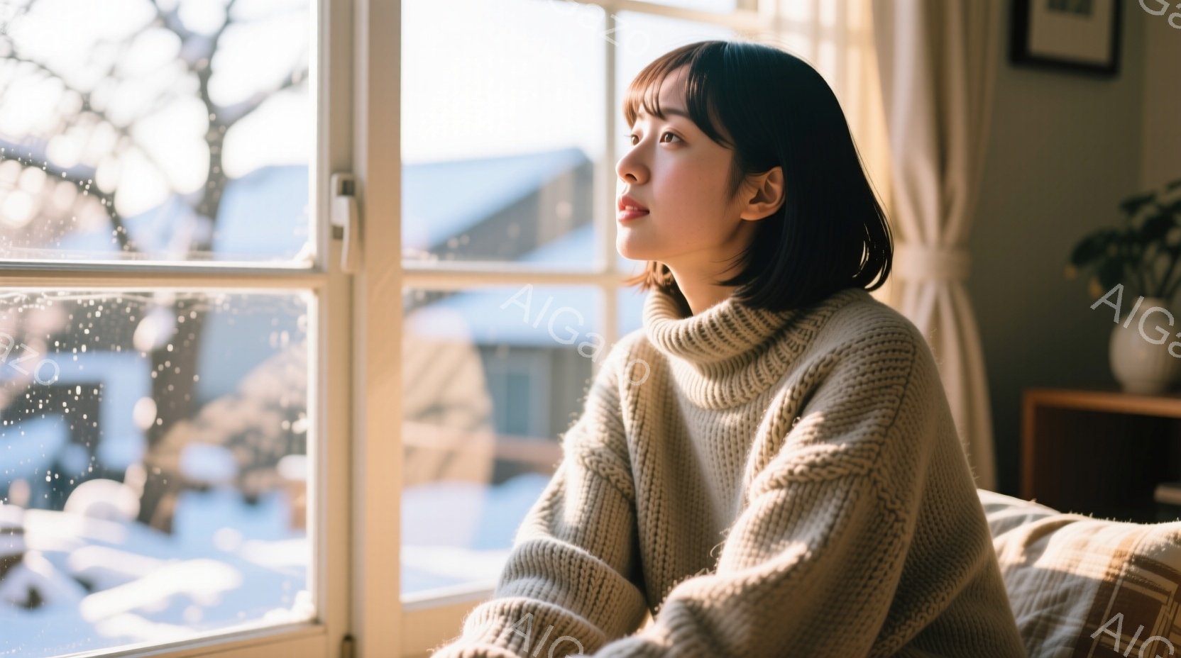 暖炉のある部屋で、ベージュ色のニットセーターを着た若い女性が窓の外を眺めている。彼女はダークブラウンのショートボブヘアで、少し憂いを帯びた表情をしている。窓の外は雪景色で、建物や木々がぼんやりと見える、静かで穏やかな冬の日の光景である。