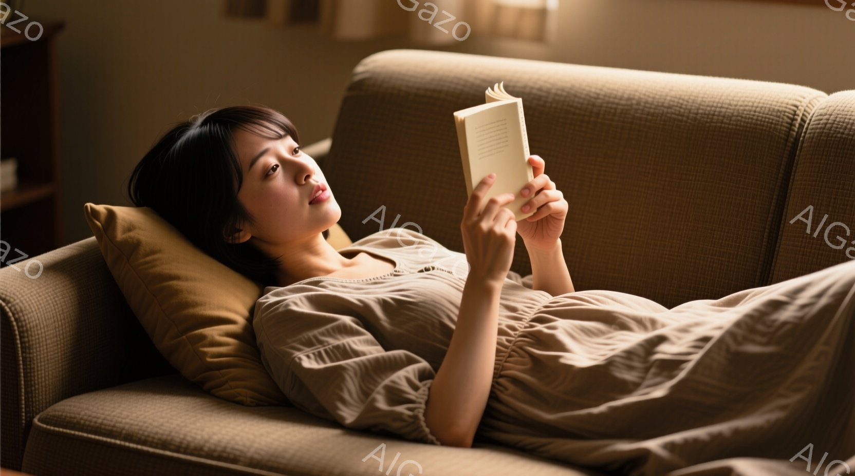 明るい茶色のソファに横たわる若い女性が、手に本を持って読書をしている。彼女はベージュ色のゆったりとしたトップスを着ており、髪は肩にかかる長さで自然なウェーブがかかっている。背景はぼかされており、穏やか - AI生成フリー素材