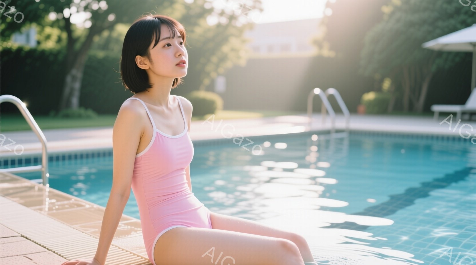 ピンク色の水着を着た若い女性が、プールの縁に座って足を水に浸しています。彼女は黒髪のショートヘアで、少し上目線で物憂げな表情を浮かべています。背景には緑豊かな木々や白いパラソルが見え、晴れた日の穏やかな雰囲気を醸し出しています。
