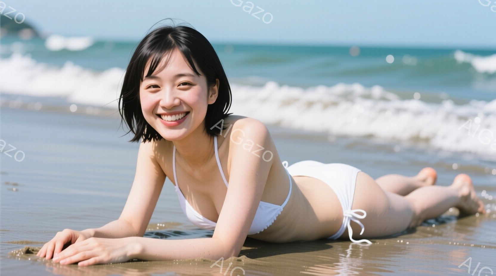 白いビキニを着た女性が砂浜でうつ伏せになり、カメラに向かって笑顔を浮かべています。短い黒髪で、顔には明るい表情が見られます。背景には青い海と白い波が広がり、晴れた日の穏やかな雰囲気が漂っています。 - AI生成フリー素材