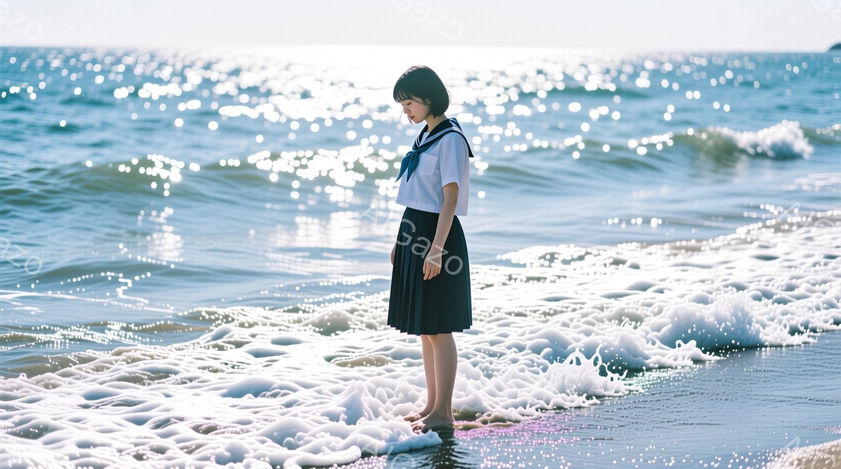 暗い髪を肩丈に切りそろえた少女が、紺色のプリーツスカートと白いブラウスの制服を着て、波打ち際に立っている。彼女は少しうつむき加減で、静かに波を見つめている様子だ。背景には光り輝く海が広がり、穏やかで少し物憂げな雰囲気を醸し出している。