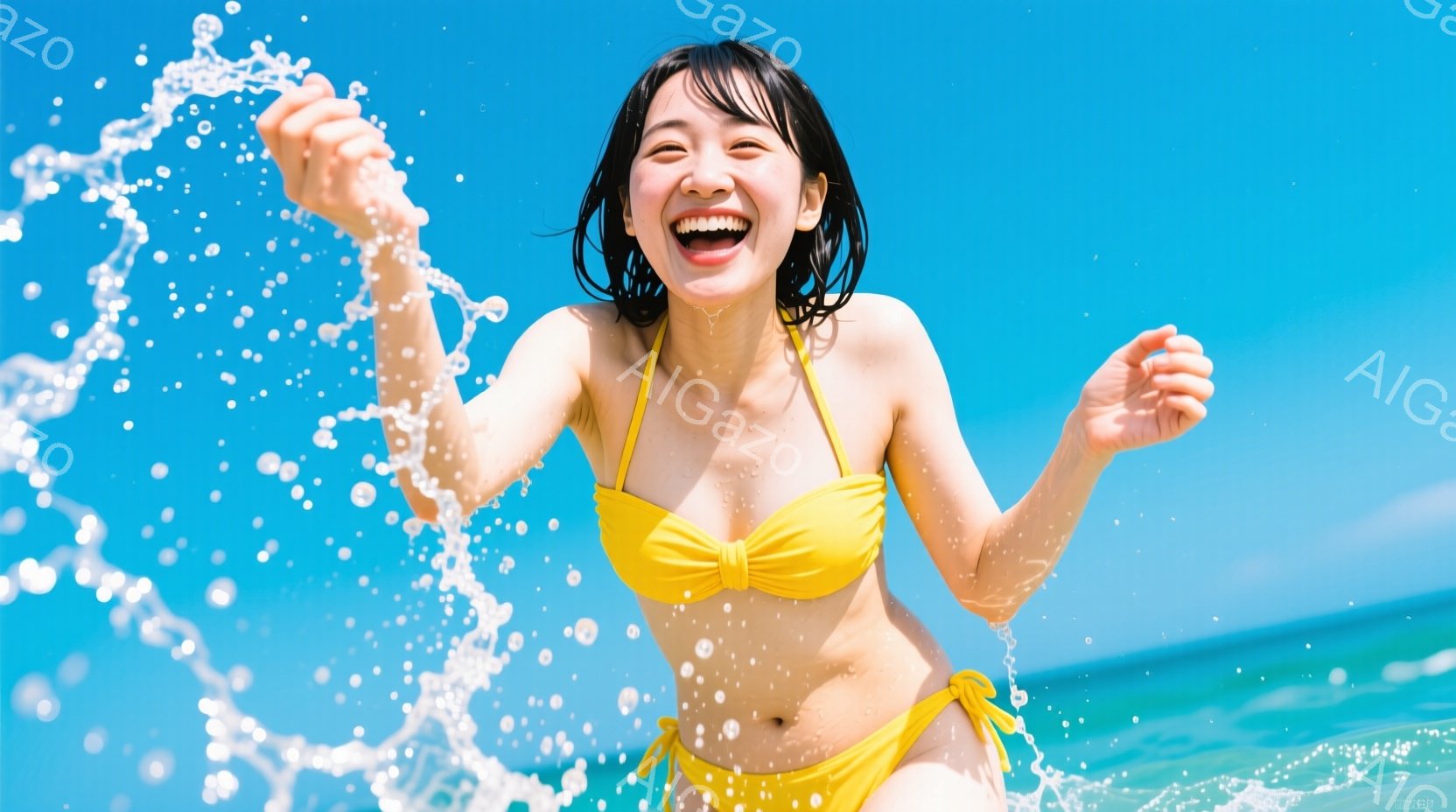 明るい青色の背景に、黄色いビキニを着た若い女性が写っています。彼女は満面の笑みを浮かべ、水しぶきを浴びて両手を広げ、楽しそうにしています。背景は穏やかな海で、晴天で明るい夏の日の雰囲気が伝わってきます - AI生成フリー素材
