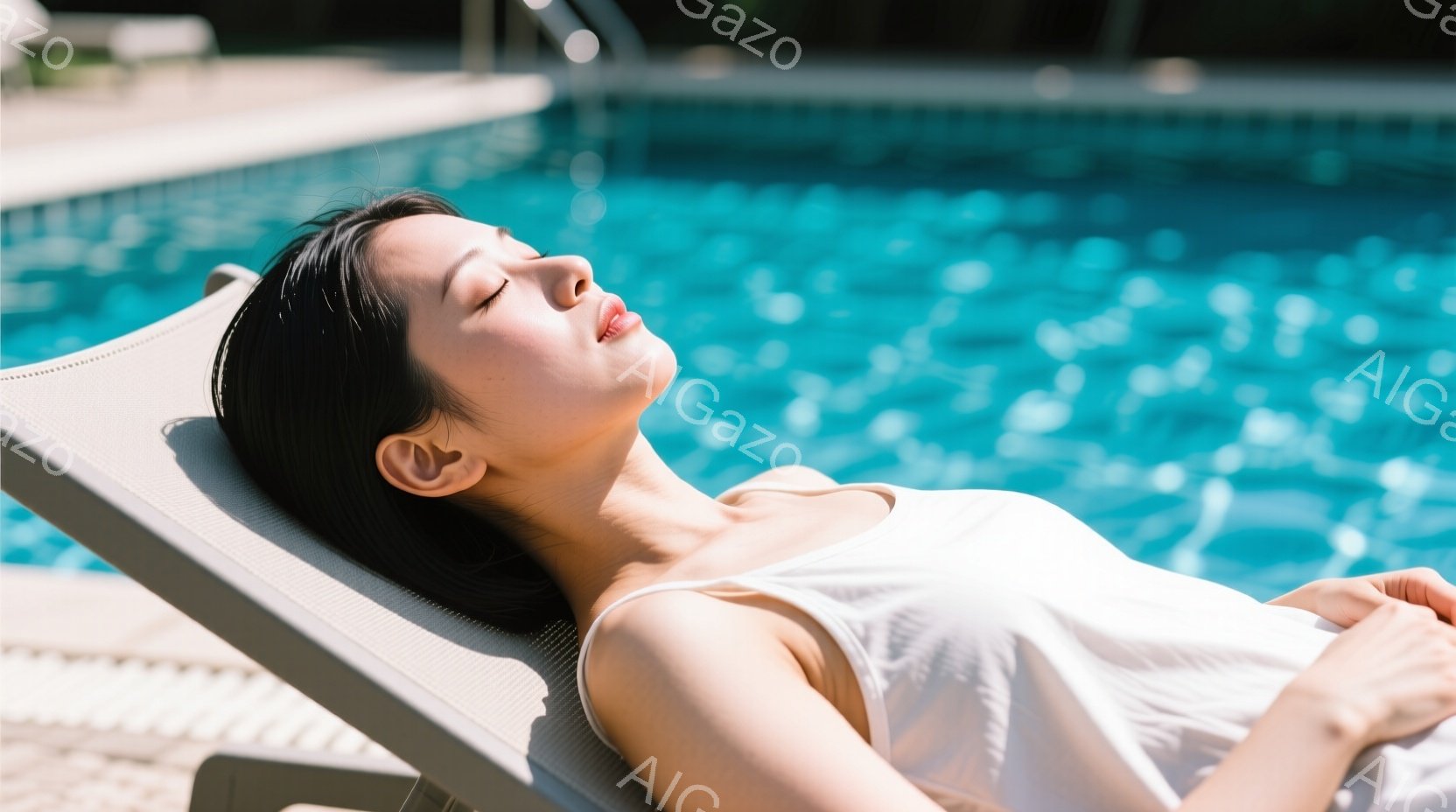 日焼け椅子に横たわる女性が写っている。白いタンクトップを着ており、髪は後ろでまとめてある。彼女は目を閉じてリラックスしており、背景には青いプールと緑豊かな植物が見える。