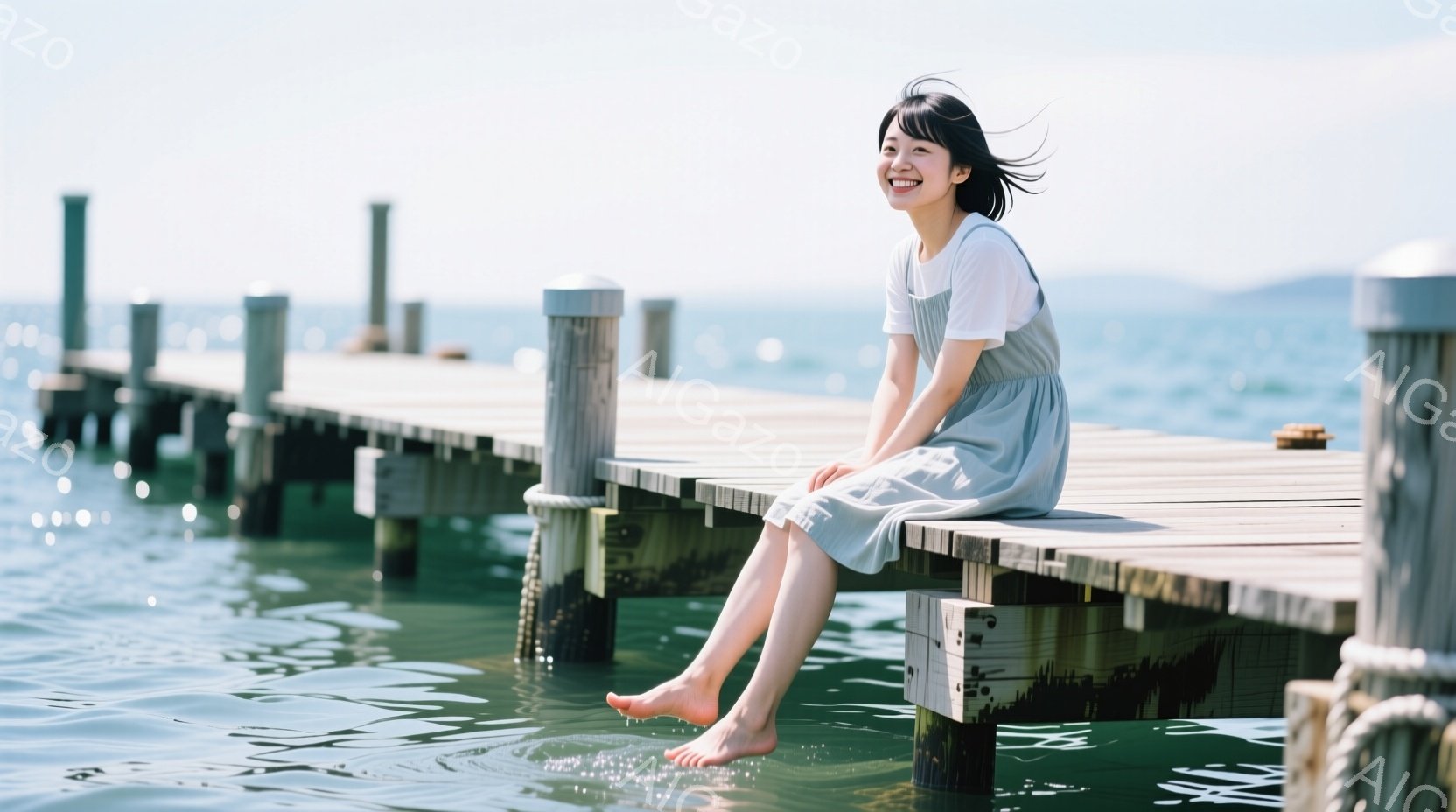 浅い水面の上に木製の桟橋があり、若い女性がその端に座っています。彼女は水色のワンピースを着ており、髪は肩まで伸びて軽くウェーブがかかっています。彼女は微笑んでおり、足は水の中に浸かっており、背景には穏 - AI生成フリー素材