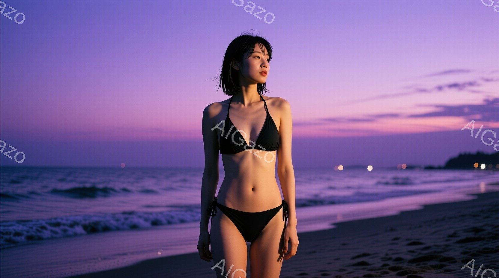 黒いビキニを着た女性が砂浜に立っている。彼女は肩までの黒髪で、少し憂いのある表情をしている。背景は夕暮れ時の紫とオレンジ色が混ざった空と、穏やかな波が打ち寄せる海で、静かで物憂げな雰囲気を醸し出している。