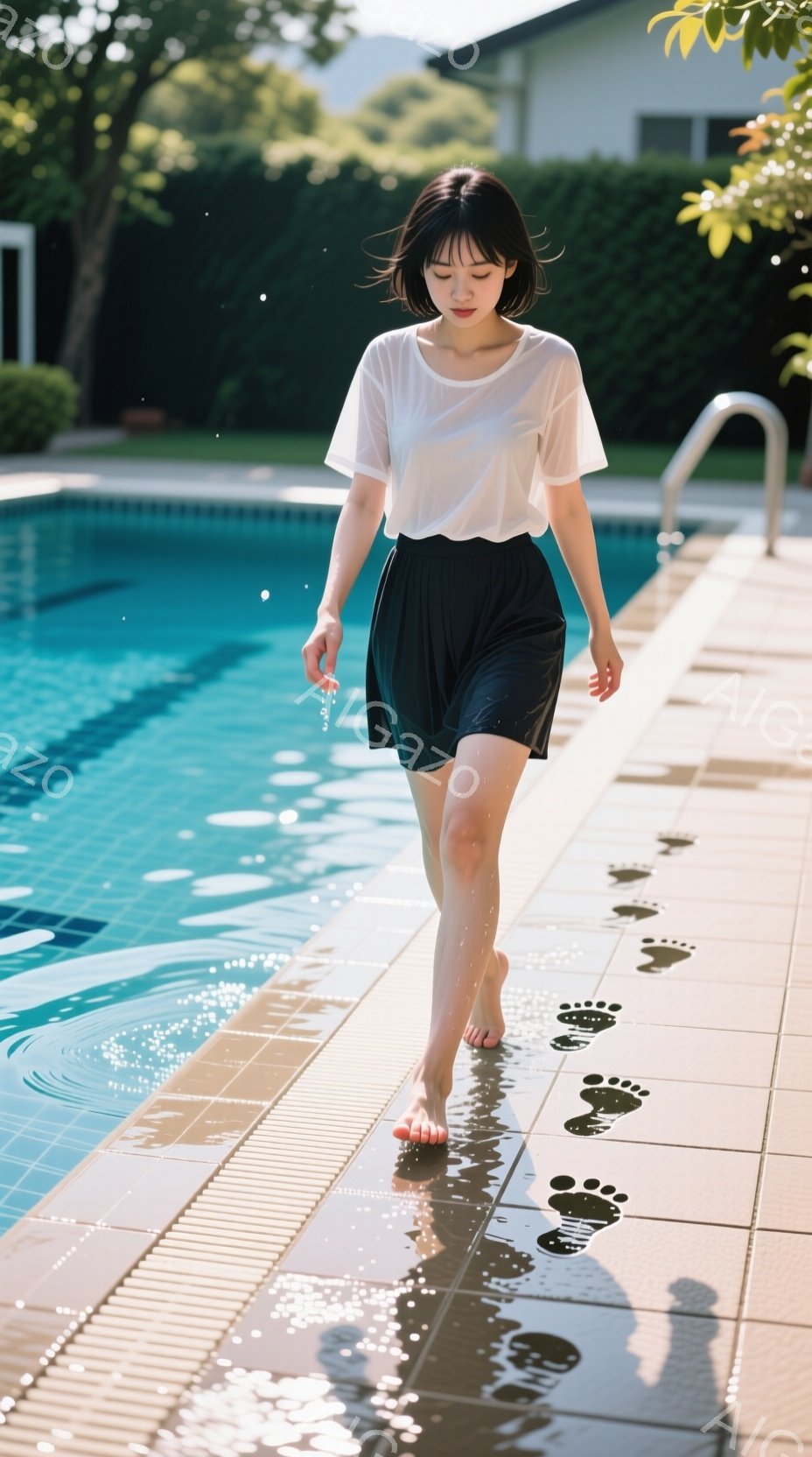 黒いスカートと白いTシャツを着た女性が、プールの縁を裸足で歩いている。彼女は少しうつむき加減で、リラックスした様子がうかがえる。背景には緑豊かな木々と、明るい日差しが差し込むプールの水面が広がっており、穏やかで静かな雰囲気を醸し出している。