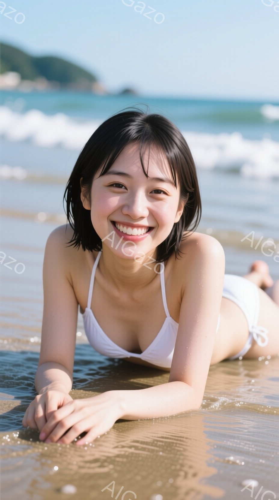 白いビキニを着た若い女性が、浅瀬の砂浜でうつ伏せになっている。彼女は微笑んでおり、黒いショートヘアが水に濡れている。背景には青い海と遠くの緑の丘が見え、晴れた日の穏やかな雰囲気を醸し出している。