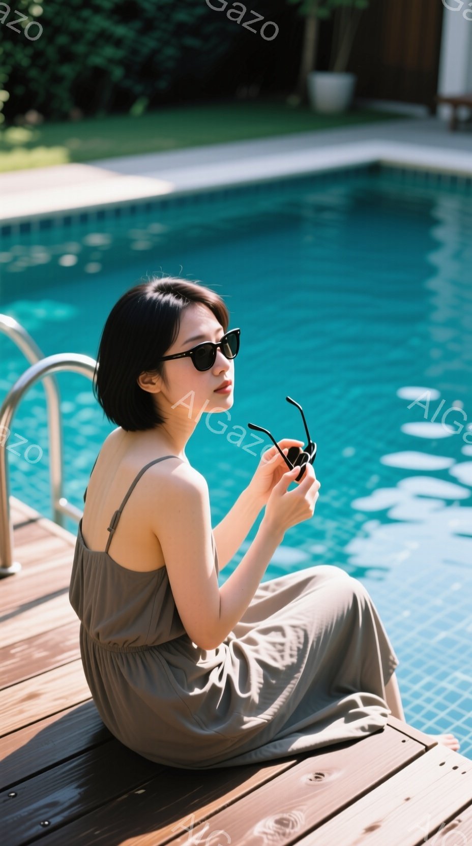 画像には、プールサイドに座る女性が写っています。彼女は肩出しのベージュ色のワンピースを着ており、黒いサングラスを手に持っています。背景には青いプールと緑豊かな植物が見え、全体的にリラックスした穏やかな - AI生成フリー素材