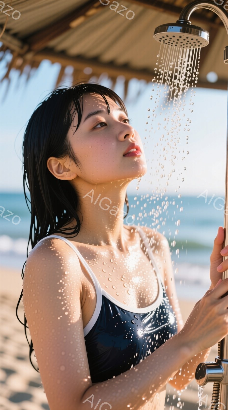 黒い水着を着た女性が屋外シャワーの下に立っており、水滴が彼女の肌と髪を覆っています。彼女は目を閉じ、わずかに上向きの視線を向けており、リラックスした表情をしています。背景には砂浜と青い海が見え、晴れた日の穏やかな雰囲気が漂っています。