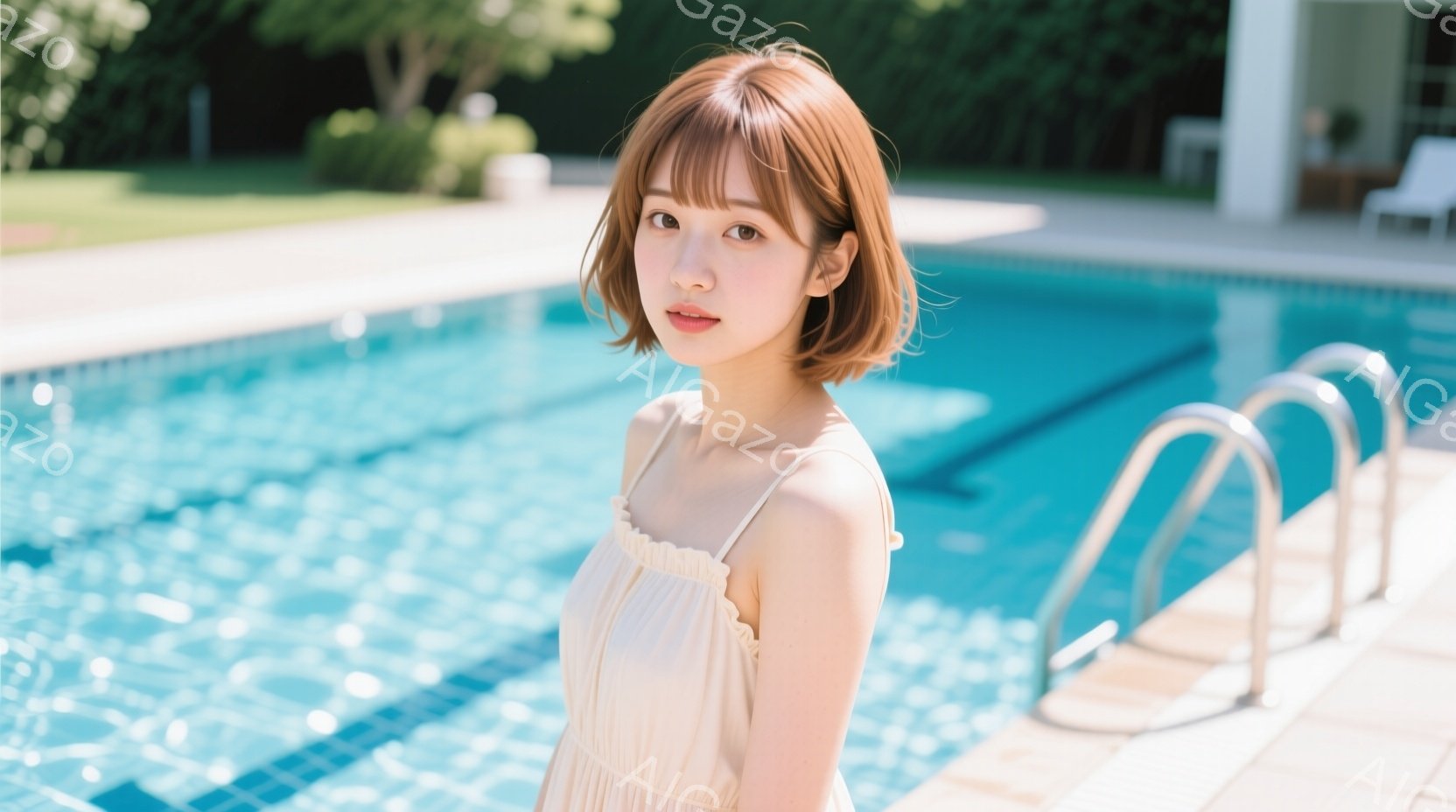 明るい茶髪のショートボブヘアの女性が、クリーム色のストラップレスのワンピースを着て、プールサイドに立っている。彼女はわずかに微笑んでおり、穏やかでリラックスした表情をしている。背景には、青く澄んだプー - AI生成フリー素材