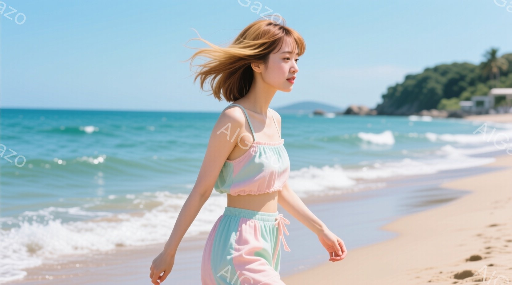 ビーチを歩く若い女性が写っている。彼女はパステルカラーのクロップドトップスとパンツを身につけ、風になびくブロンドのショートヘアが印象的だ。背景には青い海と緑の丘が見え、晴れた日の穏やかな雰囲気が漂っている。