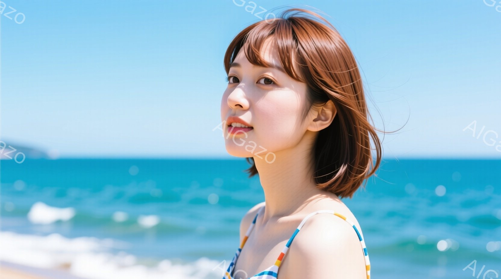 明るい日差しの下、茶髪の短いヘアスタイルをした女性が写っています。彼女は肩から胸元にかけてストライプの白い服を着ており、わずかに口角を上げて穏やかな表情を浮かべています。背景には青い海と白い波が広がり、晴れた空の下でリラックスした雰囲気を醸し出しています。