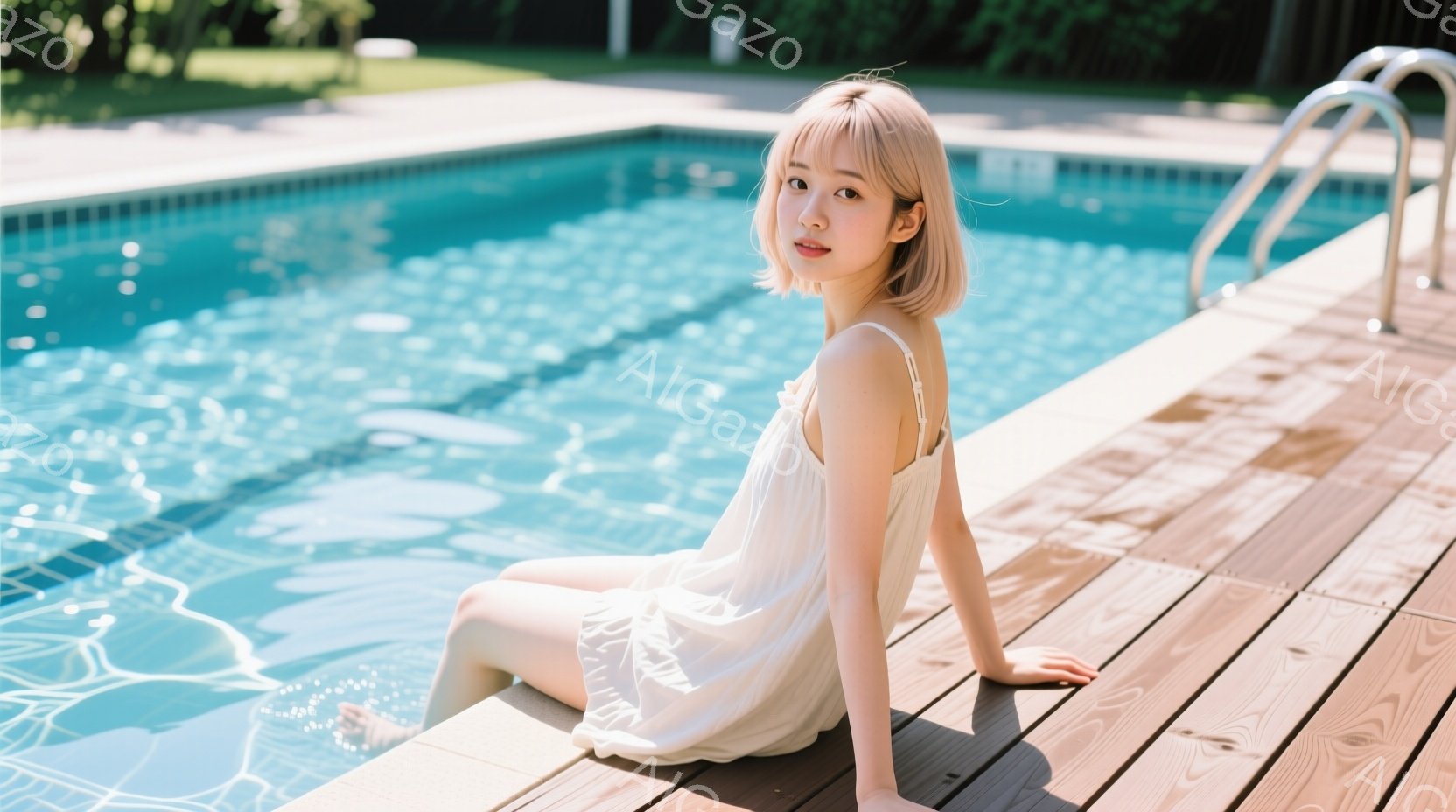 明るいブロンドのショートヘアの女性が、プールサイドの木製のデッキに座っています。白いキャミソールワンピースを着ており、リラックスした表情でカメラを見ています。プールの水は澄んで青く、背景には緑豊かな木 - AI生成フリー素材