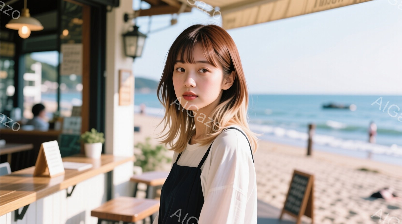 明るい茶髪の女性が、白いブラウスと黒いキャミソールワンピースを着て、わずかに微笑んでいます。彼女はカフェの入り口付近に立ち、リラックスした姿勢でカメラを見つめています。背景には、白い壁と木製のテーブルが並ぶカフェの内部、そして青い海と白い砂浜が広がっており、晴れた日の穏やかな雰囲気が漂っています。