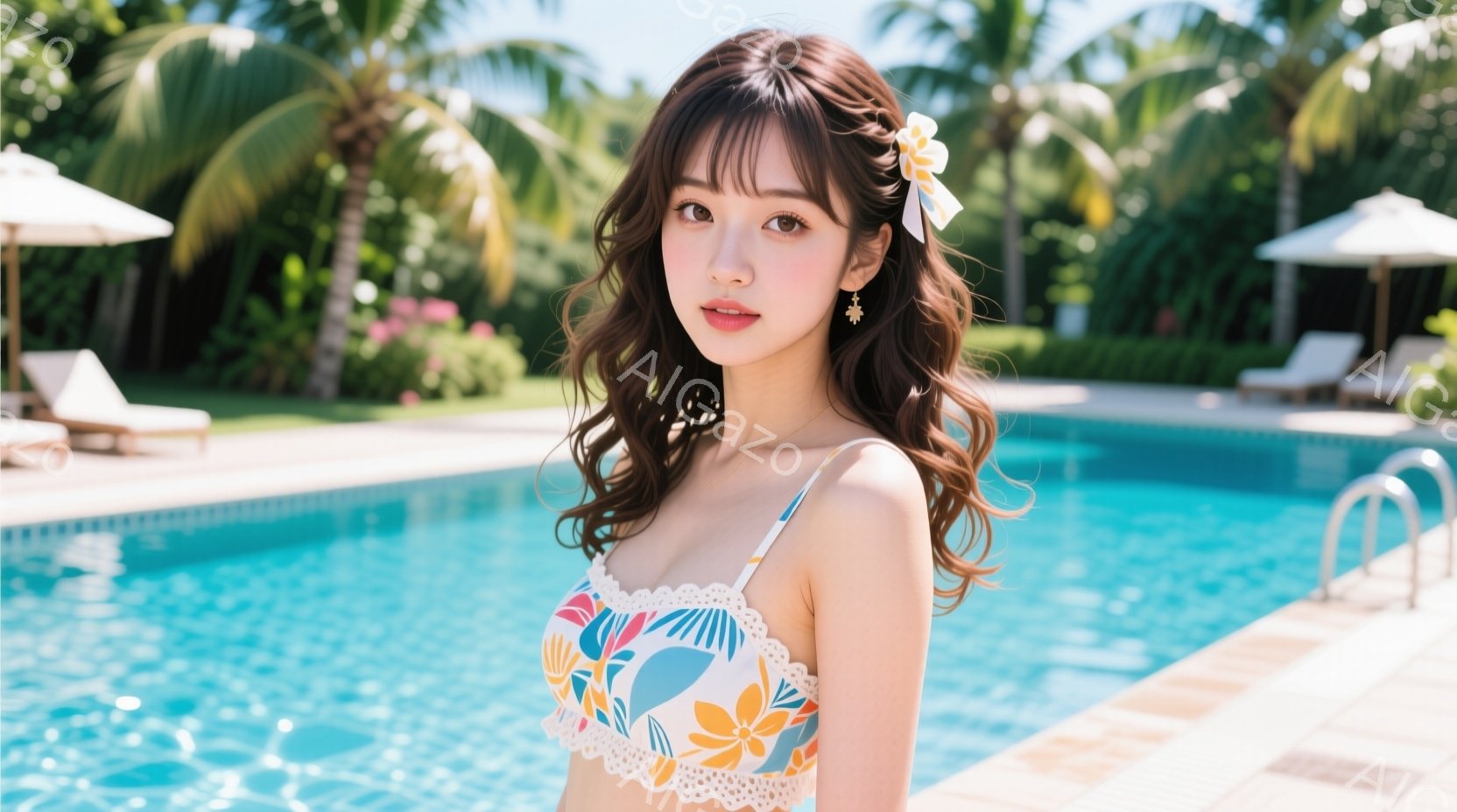 長い茶色の巻き毛に白いリボンをつけた女性が、プールサイドで微笑んでいます。カラフルな花柄がアクセントの白いビキニトップを着ており、耳にはゴールドのドロップ型イヤリングが輝いています。背景には青いプールと、パラソルとリクライニングチェアが並んだリゾート地が広がり、晴天の下、リラックスした雰囲気が漂っています。