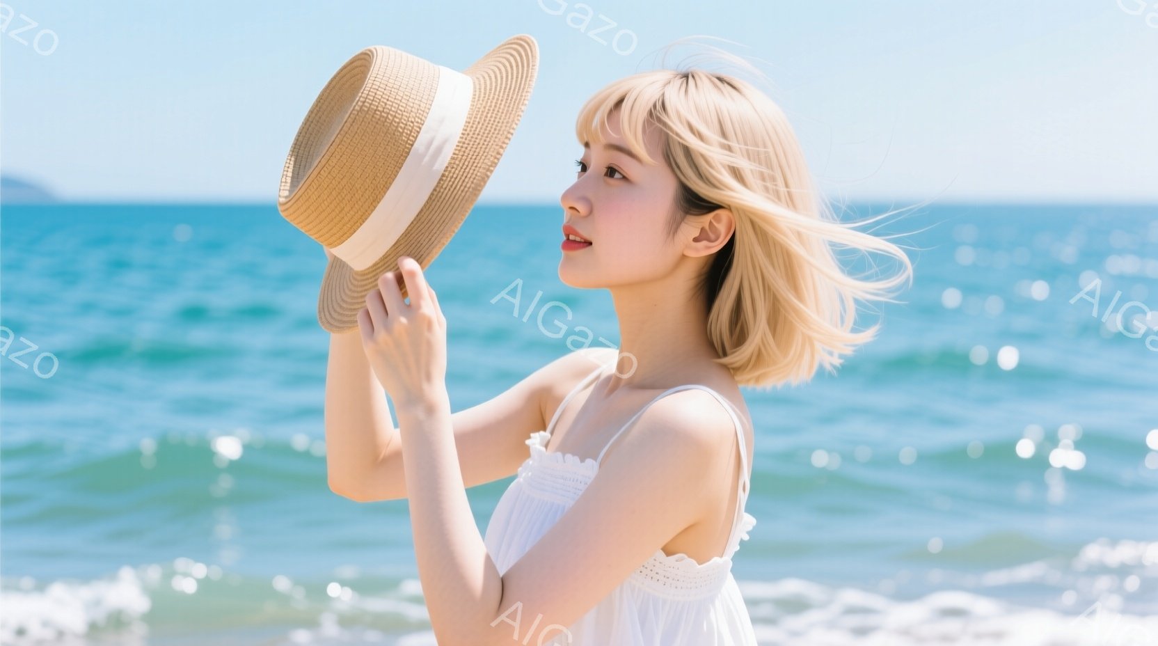 明るい青色の海を背景に、白いキャミソールワンピースを着た若い女性が映っています。彼女はストローハットを手に持ち、少し横を向いて微笑んでいます。風が髪をなびかせ、リラックスした夏の雰囲気が漂っています。