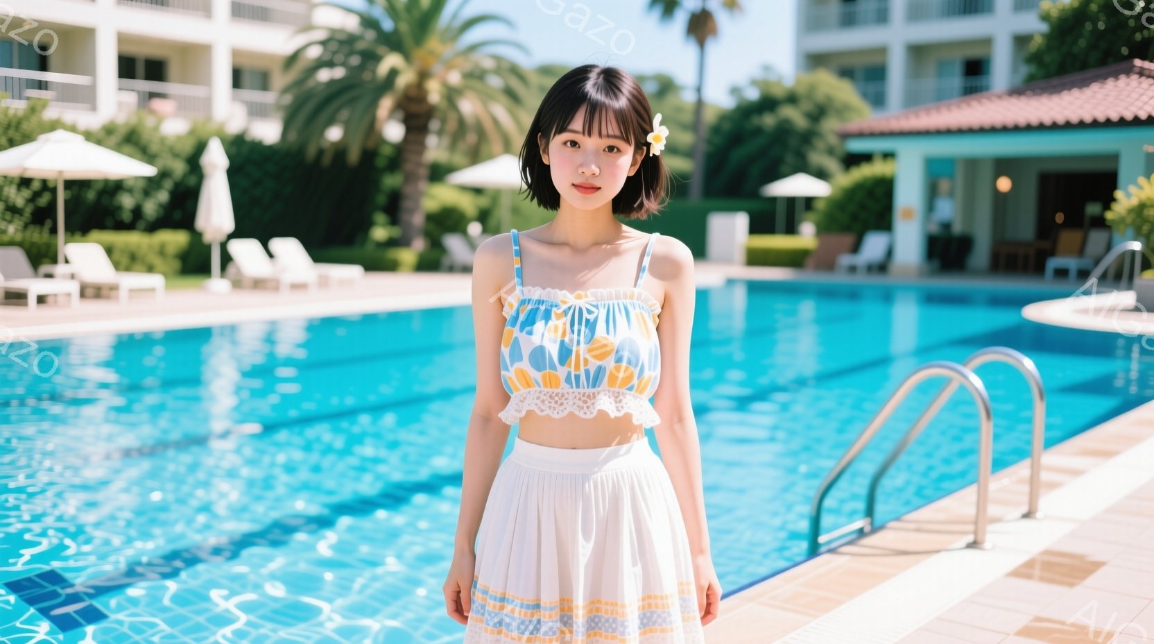 明るい青空の下、プールサイドに立つ女性が写っています。女性は肩出しの白いトップスと、白地に水色のストライプが入ったロングスカートを着用し、髪を短くカットして前髪を少し残したスタイルです。表情は穏やかで、リラックスした雰囲気が漂っています。