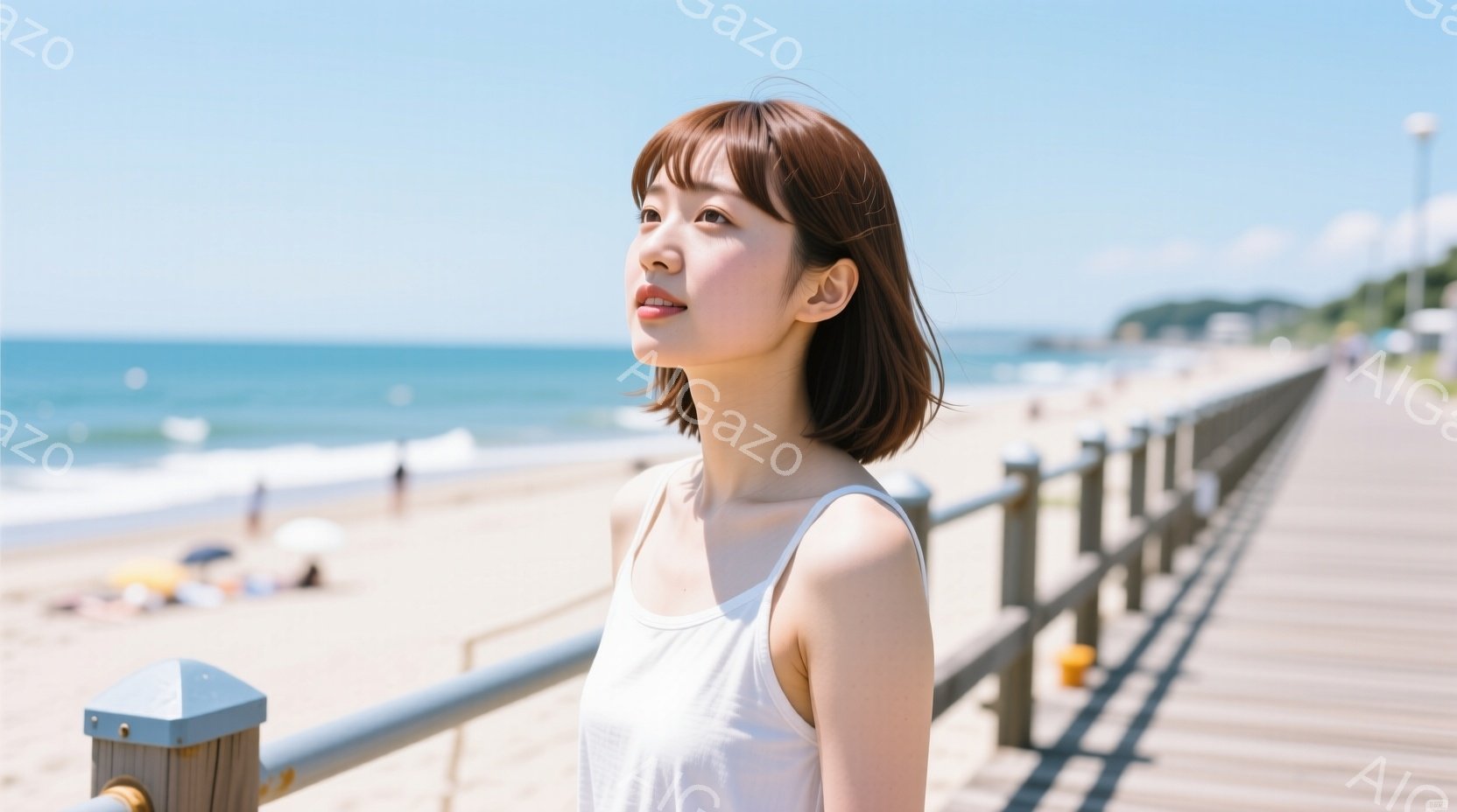 短い茶色の髪の女性が、白いタンクトップを着て、桟橋の手すりに寄りかかっています。彼女は少し上を見上げており、穏やかで物思いにふける表情をしています。背景には、青い海、砂浜、そして遠くに見える建物や緑豊かな風景が広がっており、晴れた夏の日の穏やかな雰囲気を醸し出しています。