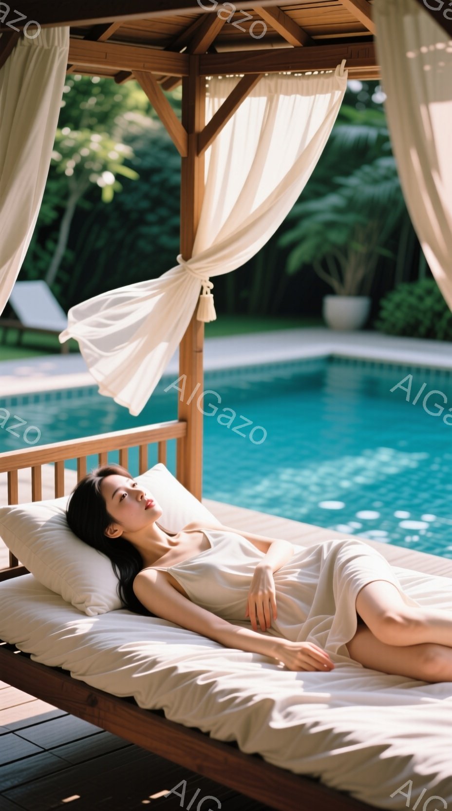 長い黒髪をほどこし、白いドレスのようなものを身につけた女性が、プールサイドの木製のデイベッドに横たわっている。彼女は目を閉じ、リラックスした表情で、日光浴を楽しんでいるようだ。背景には青く輝くプールと緑豊かな植物が見え、穏やかで贅沢な雰囲気を醸し出している。