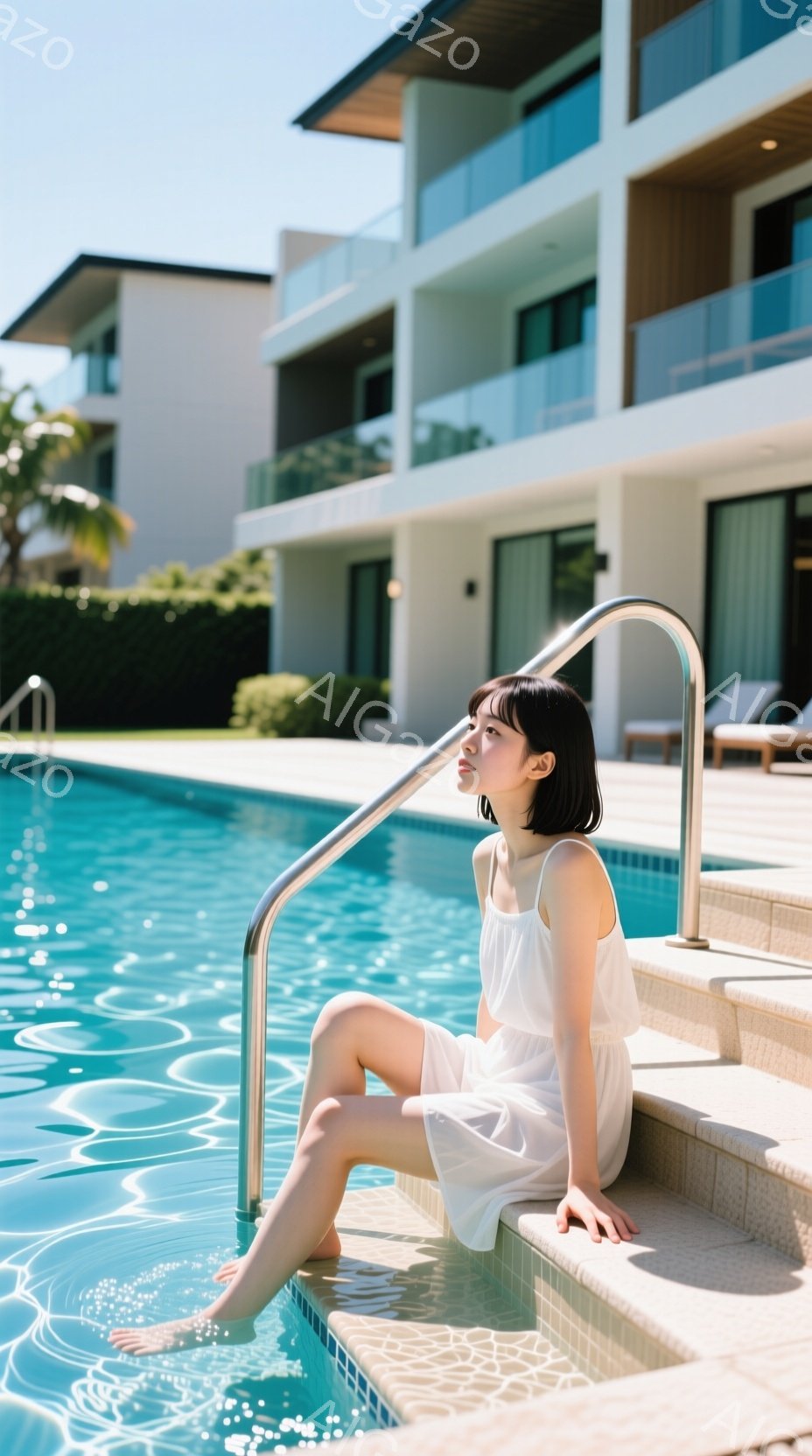 黒髪のショートヘアの女性が、プールの階段に座ってリラックスしています。白いワンピースを着ており、足は水に浸かっています。背景には、モダンな白い建物と緑豊かな植物が見え、晴れた日の穏やかな雰囲気が漂って - AI生成フリー素材