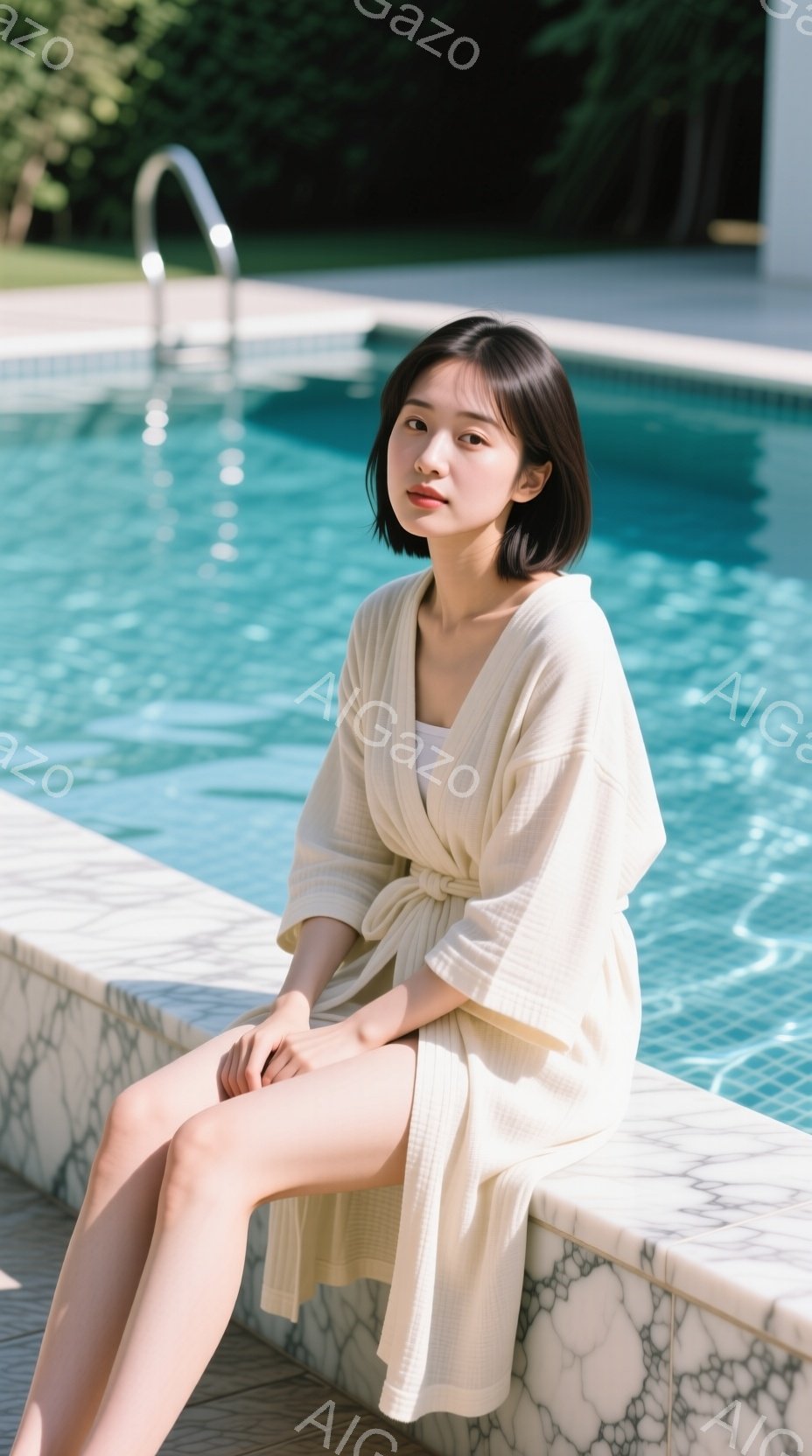 若い女性がプールサイドの縁に座り、クリーム色のローブを羽織っています。彼女は短くダークブラウンのヘアスタイルで、穏やかな表情を浮かべています。背景には青いプールと緑豊かな植物が見え、晴れた日のリラックスした雰囲気を醸し出しています。
