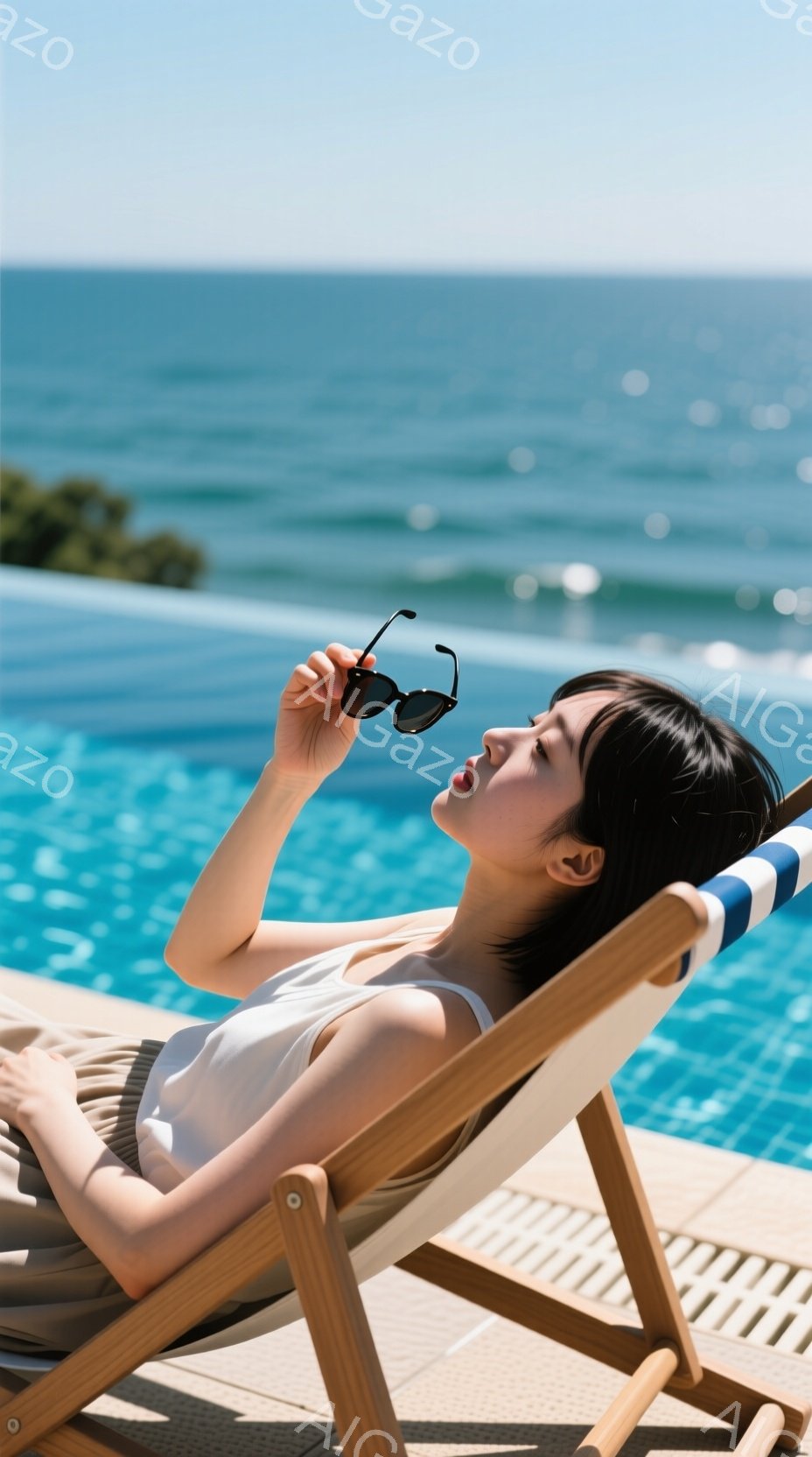 深い青色のプールサイドで、女性がデッキチェアに横たわって日光浴を楽しんでいます。彼女は白い水着を着ており、黒いサングラスを片手で持ち、目を閉じてリラックスした表情をしています。背景には穏やかな海が広がり、晴天の下で穏やかな夏の雰囲気が漂っています。