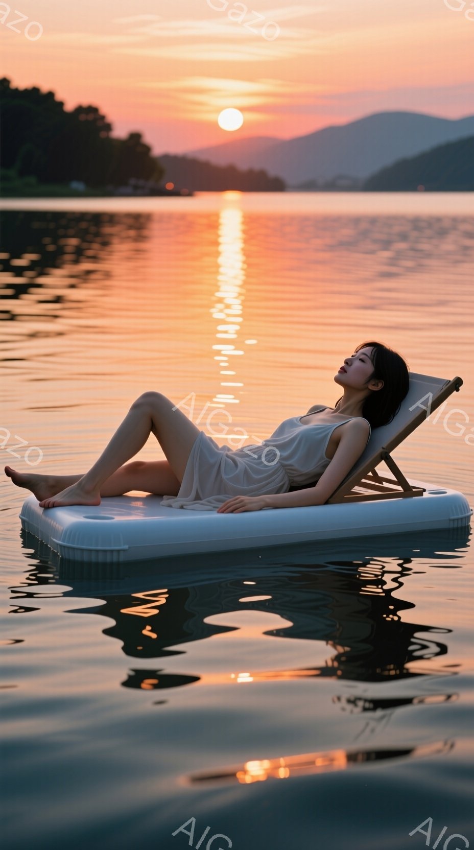 白いワンピースを着た女性が、インフレータブルのフロートに横たわってリラックスしています。彼女は目を閉じており、穏やかな表情をしています。背景には穏やかな湖と、夕焼けに照らされた山々が見え、平和で穏やかな雰囲気が漂っています。