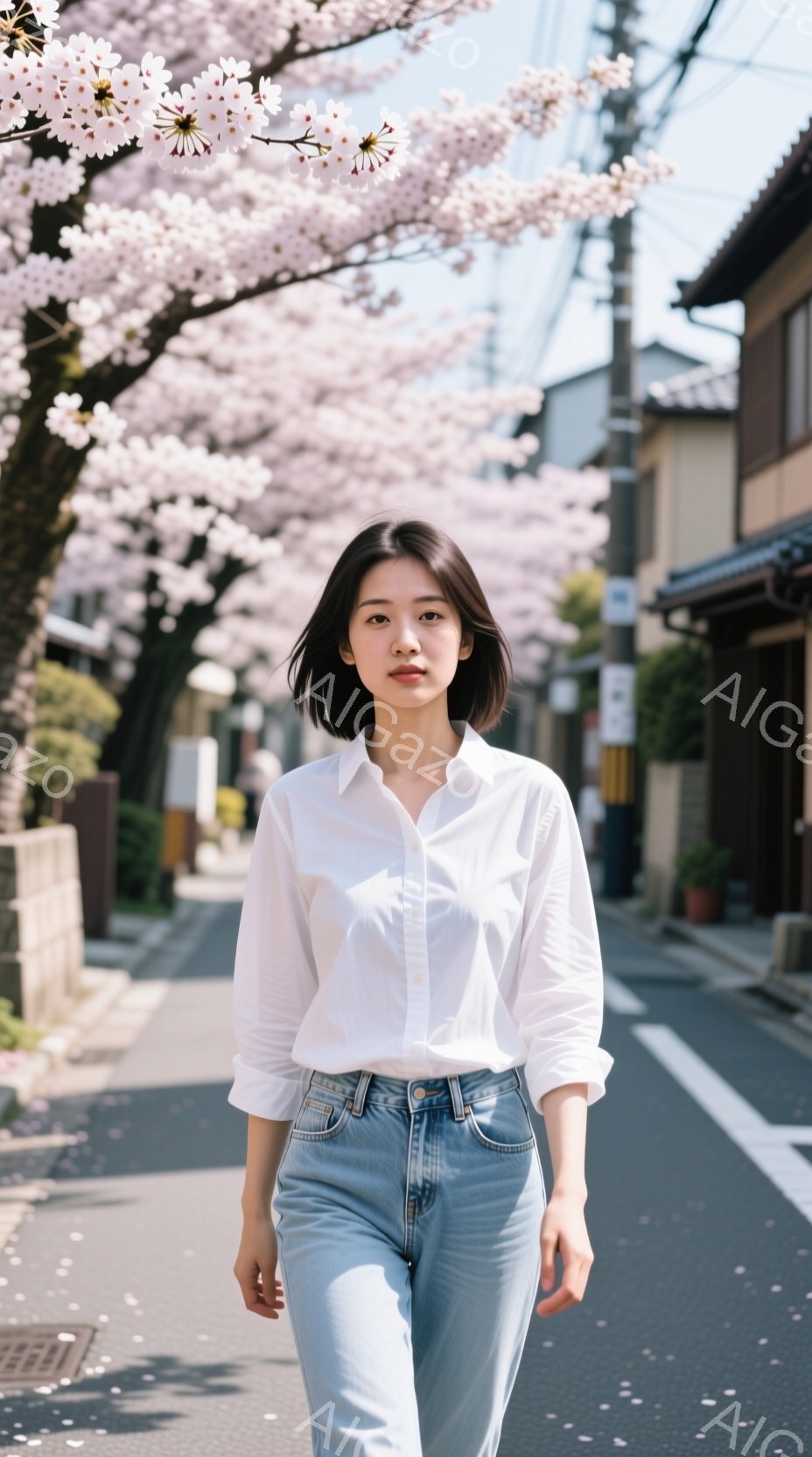 若い女性が、白いシャツとデニムのジーンズを身に着け、路地を歩いている。彼女はダークブラウンのショートボブヘアで、穏やかな表情をしている。背景には、満開の桜並木と日本の伝統的な建物が見え、春の暖かく穏やかな雰囲気を醸し出している。