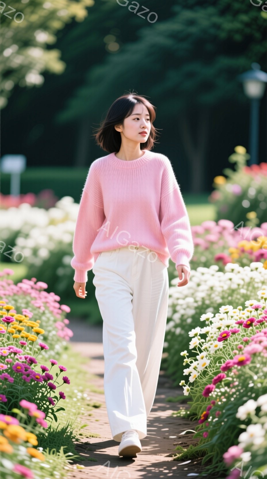 薄いピンク色のセーターと白いワイドパンツを身につけた女性が、花壇の中を歩いています。彼女は黒髪のショートヘアで、少し微笑んだ表情をしています。背景にはカラフルな花が咲き乱れ、柔らかな日差しが降り注ぎ、穏やかで優しい雰囲気が漂っています。