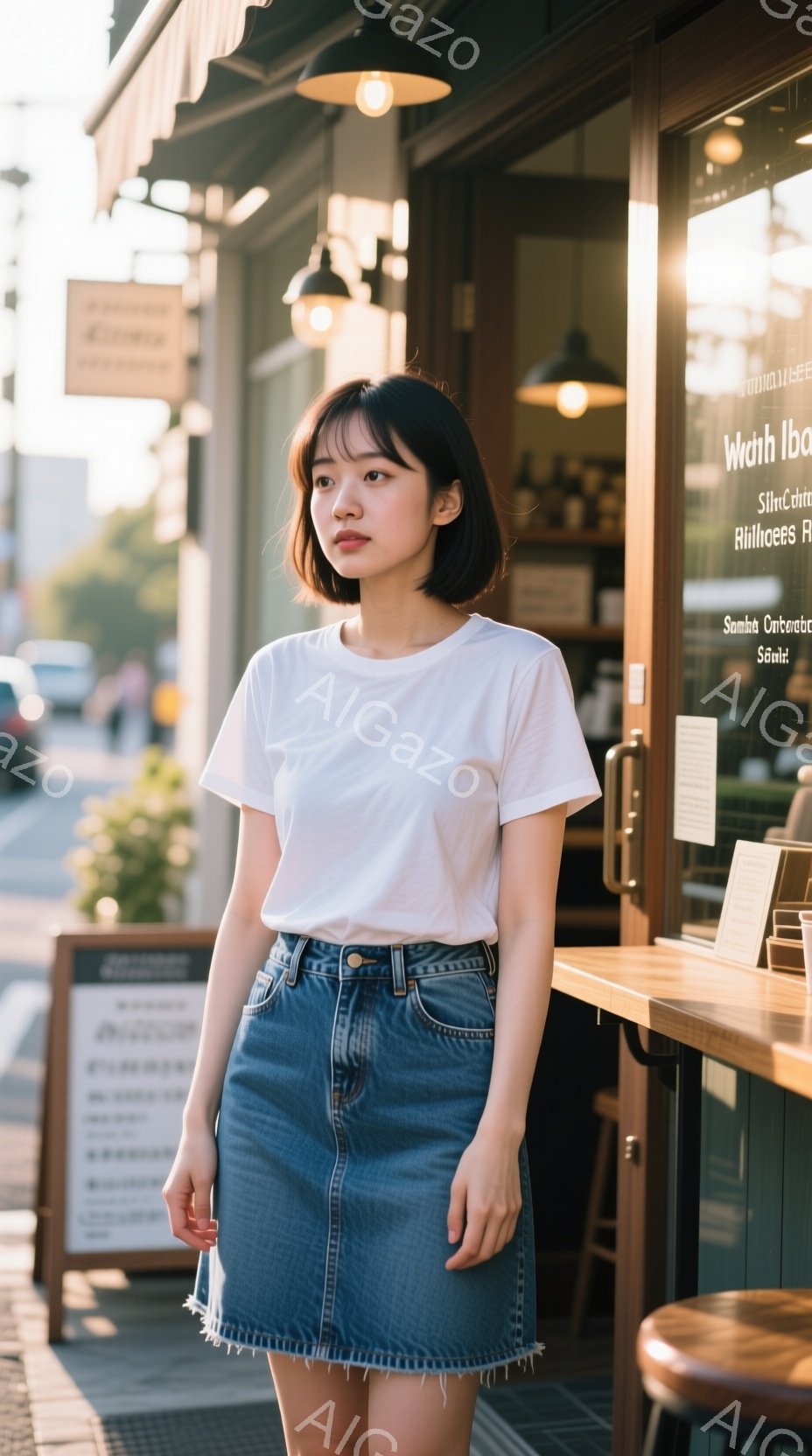 若い女性がカフェの外に立っており、白いTシャツとデニムのミニスカートを着用しています。彼女は肩までの長さの茶髪で、少し微笑んだ表情をしています。背景にはカフェの窓とメニューボードがあり、晴れた日の穏やかな雰囲気です。