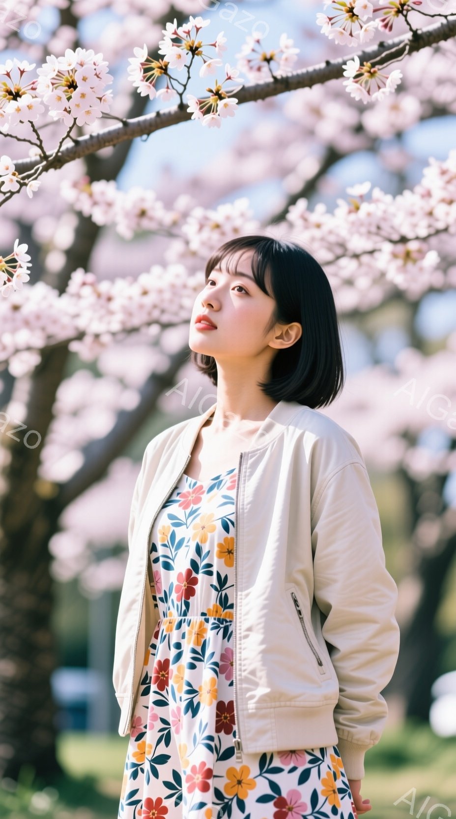 ショートカットの女性が、花柄のワンピースとクリーム色のジャケットを着て、空を見上げています。彼女の表情は穏やかで、春の優しい日差しと桜の花が背景にあり、全体的に柔らかな雰囲気です。桜並木の下で、春の訪れを感じさせる、穏やかで美しい光景です。
