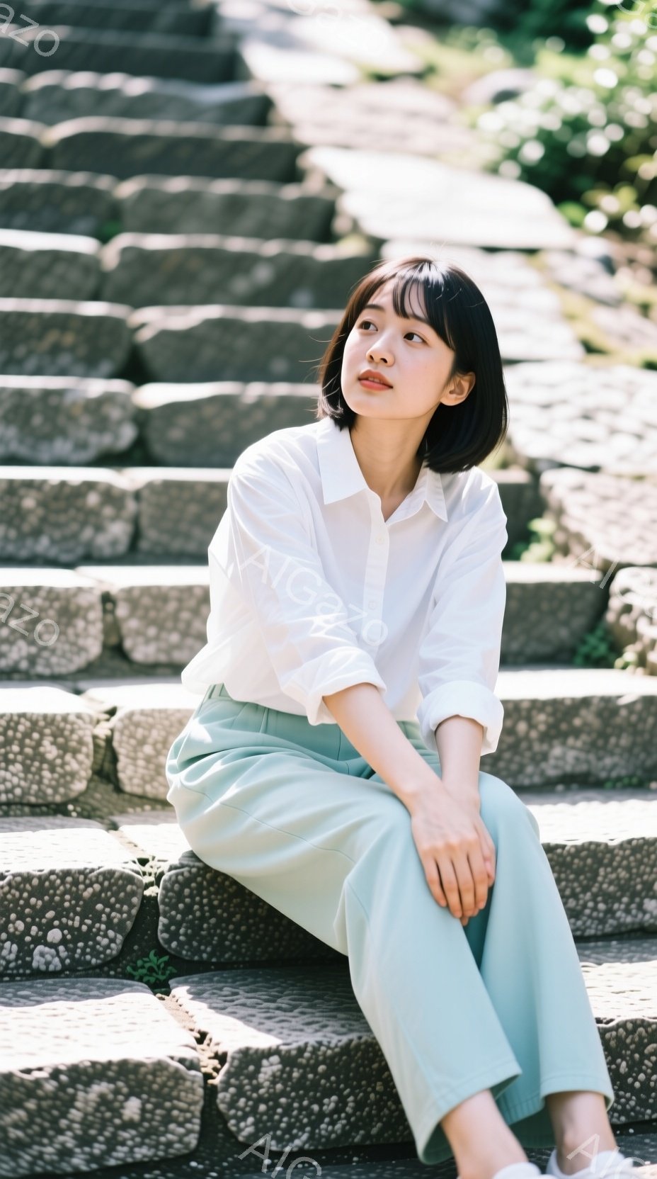短い黒髪の女性が石段に座り、少し上を見ている。白いシャツと水色の緩やかなパンツを着用しており、リラックスした雰囲気を醸し出している。背景は石段が続く様子で、自然光が柔らかく差し込み、穏やかな時間が流れているような印象を受ける。