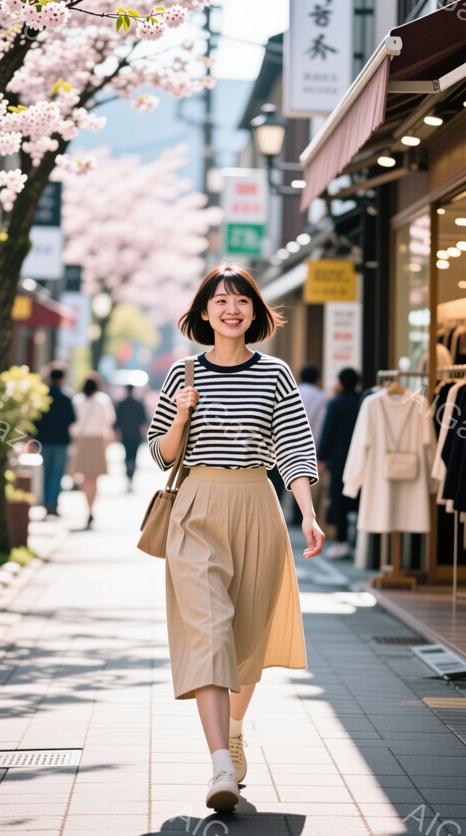 画像には、ストライプのシャツとベージュのフレアスカートを身に着けた若い女性が写っています。彼女は明るい笑顔を浮かべ、歩行者天国のような通りを軽やかに歩いています。背景には桜並木と商店が並び、春の暖かく穏やかな雰囲気が漂っています。