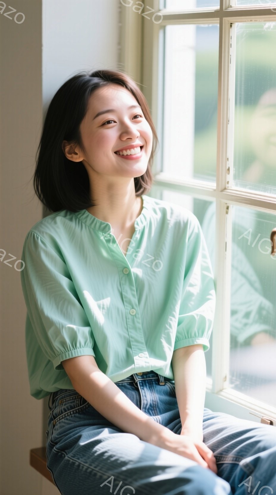 若い女性が窓辺に座り、穏やかな笑顔を浮かべている。淡い緑色のパフスリーブのブラウスとデニムのパンツを身に着け、髪は肩のあたりで内側にカールしている。背景には緑豊かな植物が見え、柔らかい自然光が室内を照らし、リラックスした雰囲気を醸し出している。