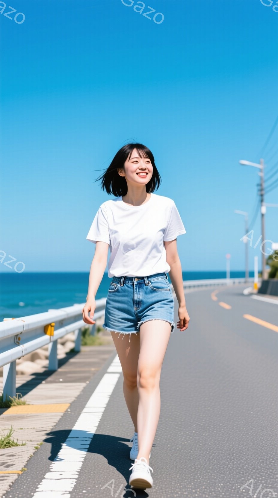 明るい青空の下、女性が道路を歩いている様子が写っている。白いTシャツとデニムのショートパンツ、白いスニーカーを身に着け、少し微笑んでおり、リラックスした雰囲気が漂う。背景には青い海と緑の草地が見え、晴れた日の穏やかな風景が広がっている。