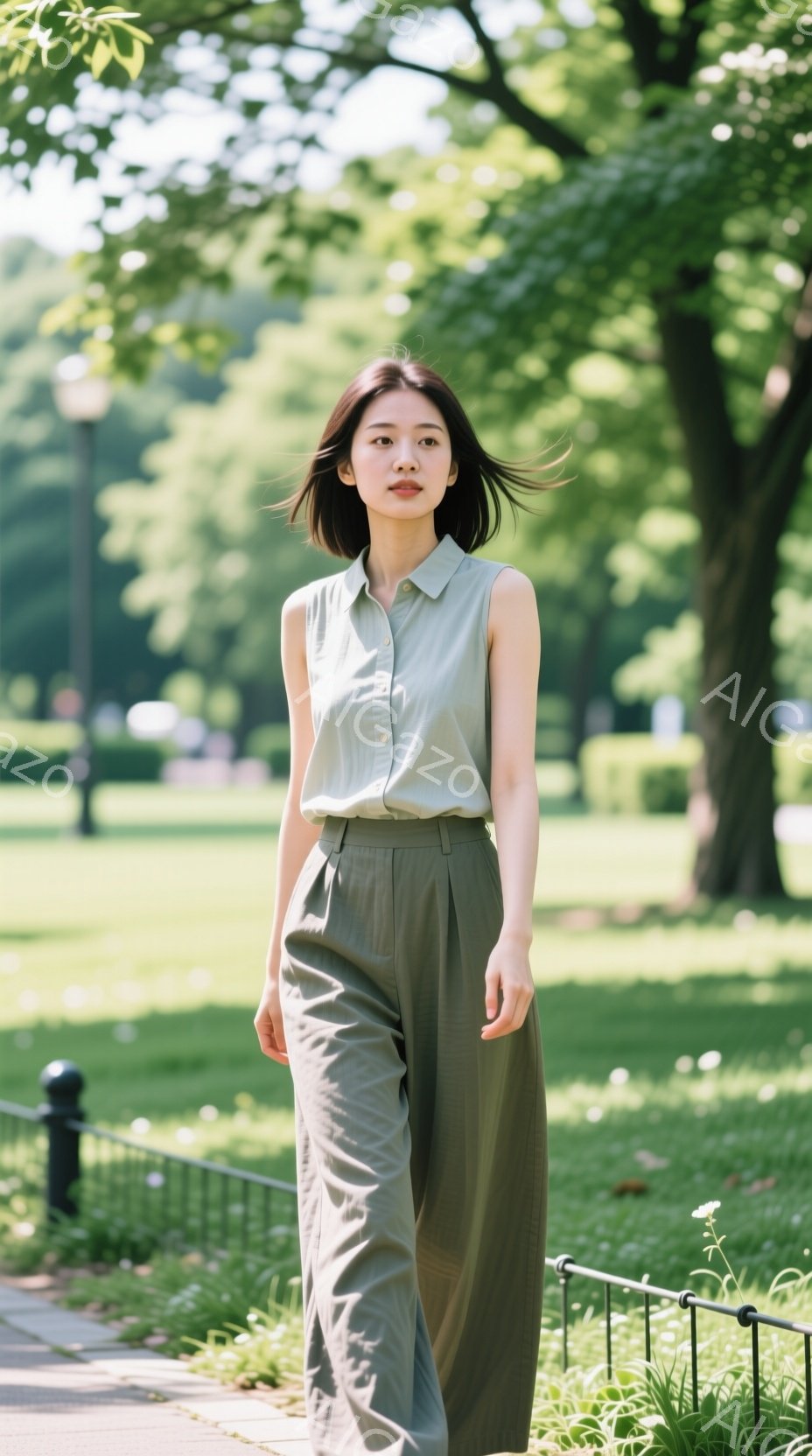 若い女性が緑豊かな公園を歩いている。彼女は明るい緑色のシャツとワイドレッグのパンツを着用し、さらっとしたヘアスタイルで、落ち着いた表情をしている。背景には青々とした芝生、木々、そして日差しが差し込み、 - AI生成フリー素材