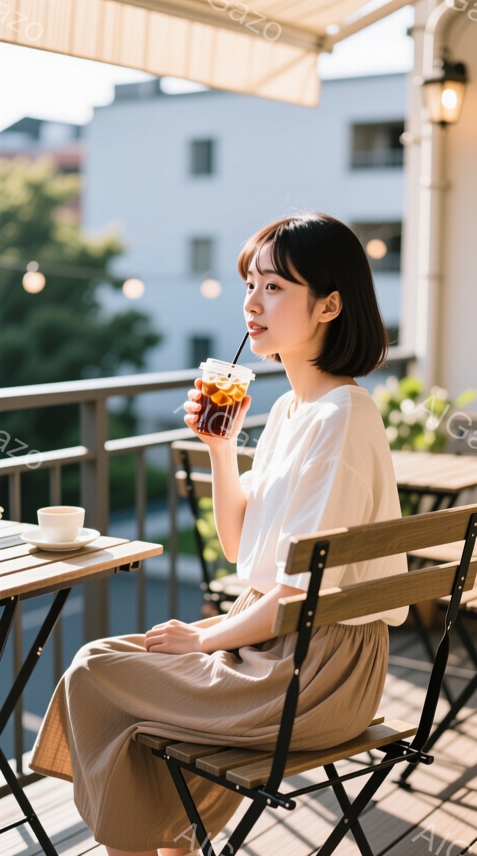 明るい日差しの中、短い茶髪の女性がカフェで飲み物を楽しんでいる。白いシャツとベージュのスカートを身につけ、リラックスした表情で、片手を椅子に添え、もう片手でグラスに入った飲み物を口に運んでいる。背景には、木製のカフェのテーブルと椅子、そして緑の植物や建物が見え、穏やかで心地よい雰囲気が漂っている。