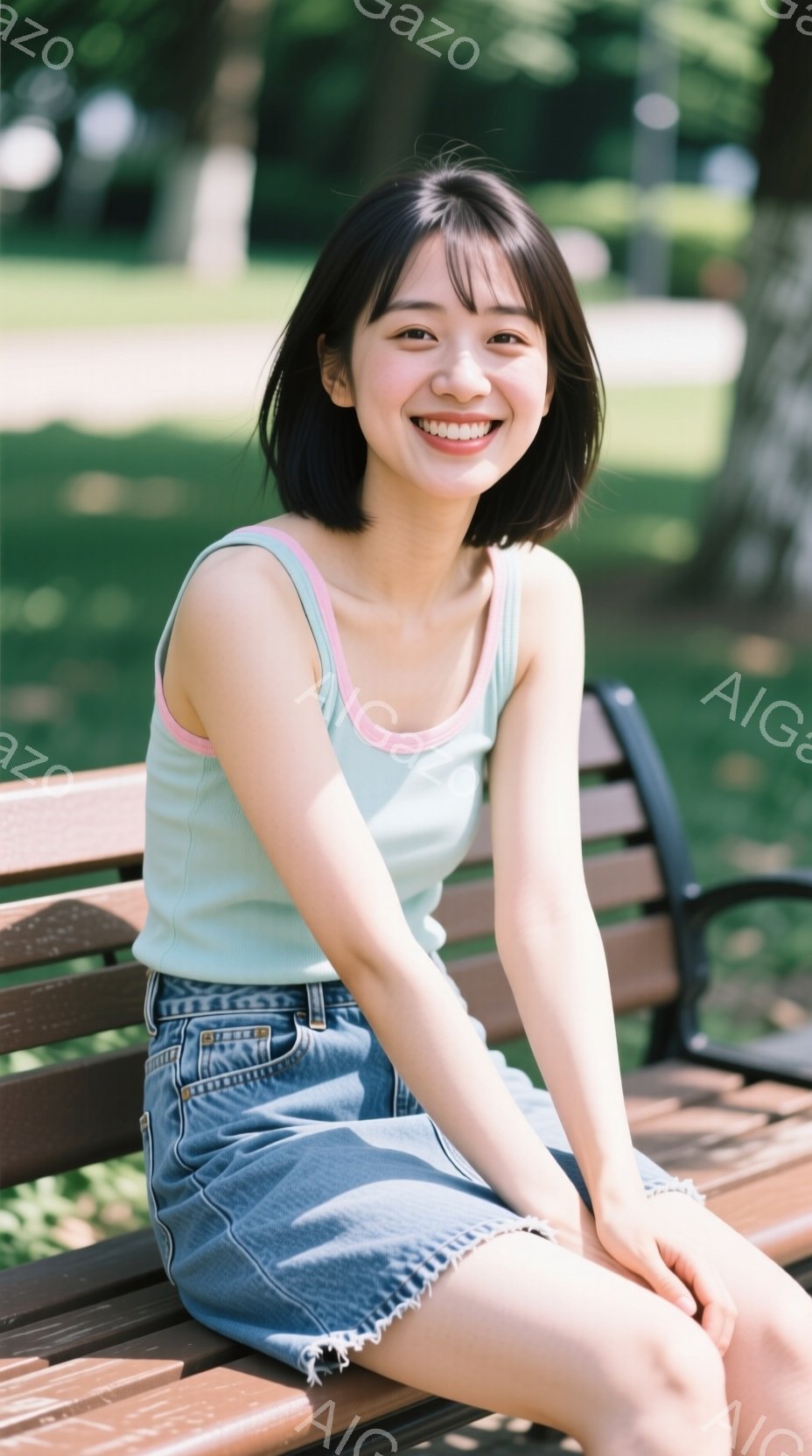 短い黒髪の女性が公園のベンチに座り、満面の笑みを浮かべている。彼女は薄い水色のタンクトップに、ダメージ加工が施されたデニムのスカートを身に着けており、カジュアルな装いである。背景には緑豊かな木々が見え、晴れた日の穏やかな雰囲気を醸し出している。